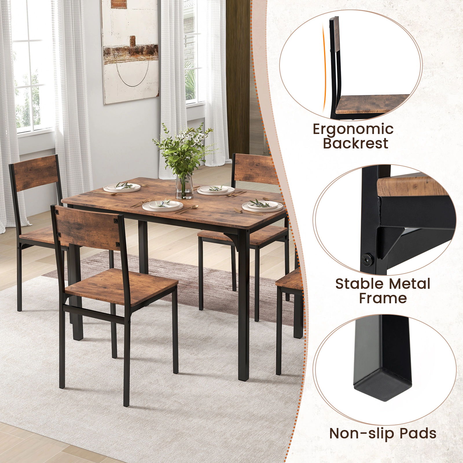SUGIFT 5 Piece Industrial Dining Set with 43 x 27.5 in Dining Surface 110-lb Table Capacity Rustic Brown