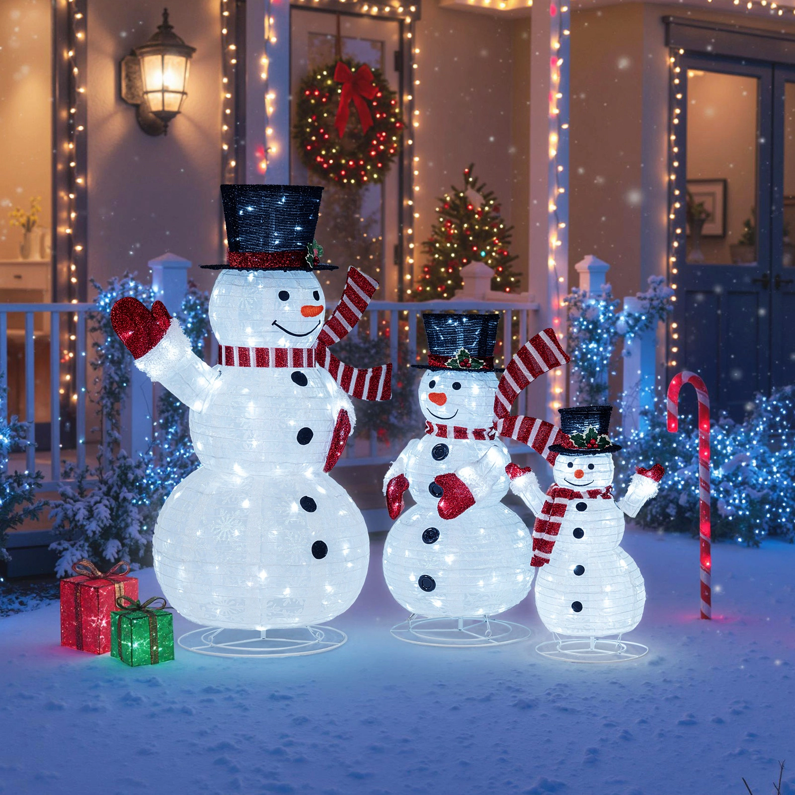SUGIFT 3-Piece Pre-Lit 3D Snowman Family Set with 270 LED Lights Top Hats Scarves and Ground Stakes