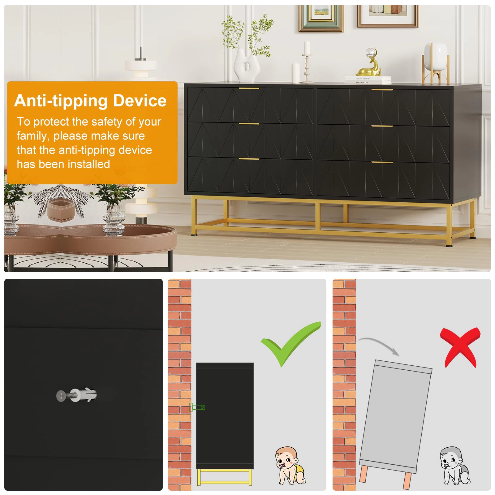 Modern 6 Drawer Wood Dresser with Metal Legs, Wide Storage Chest Organizer for Bedroom Living Room