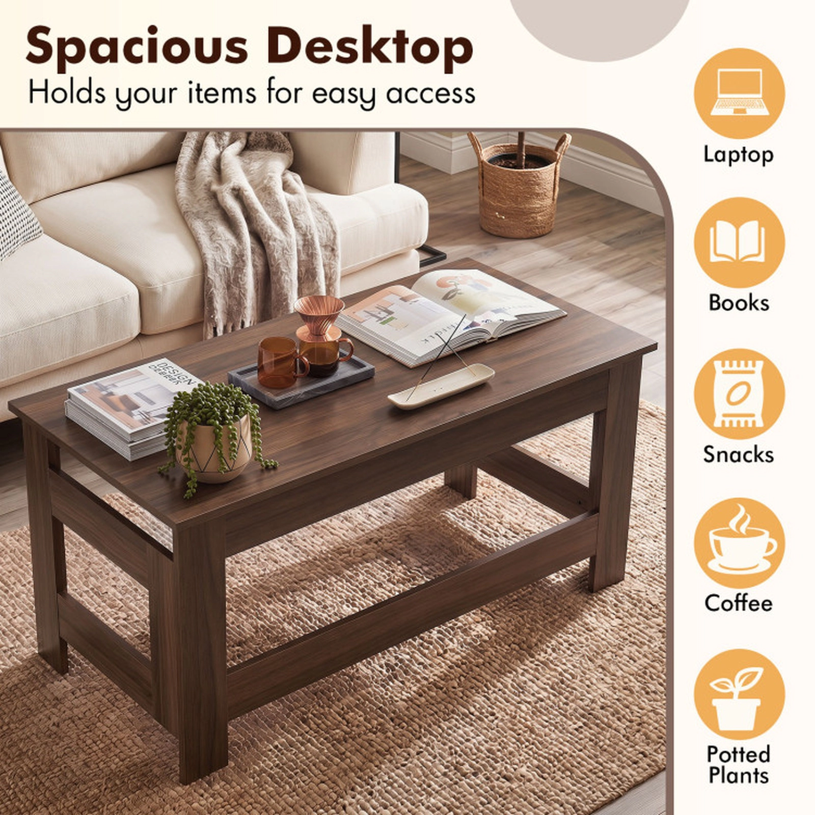 SUGIFT 31.5-in 14-in Tall Portable Low Floor Coffee Table with Foldable Legs and 1.7-in Folded Thickness