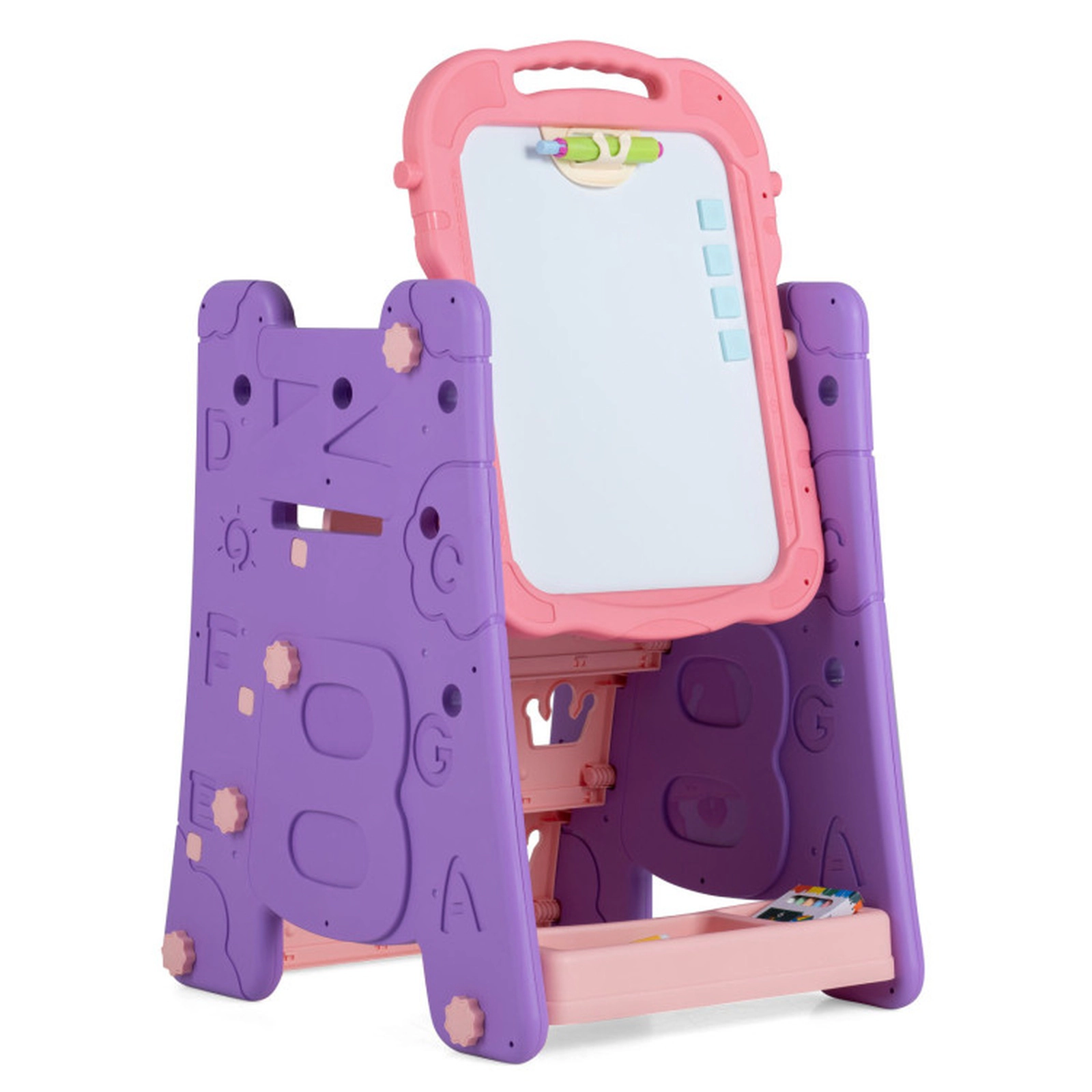 SUGIFT 4-in-1 Adjustable Art Easel for Kids with Double-Sided Magnetic Whiteboard and Blackboard Pink & Purple