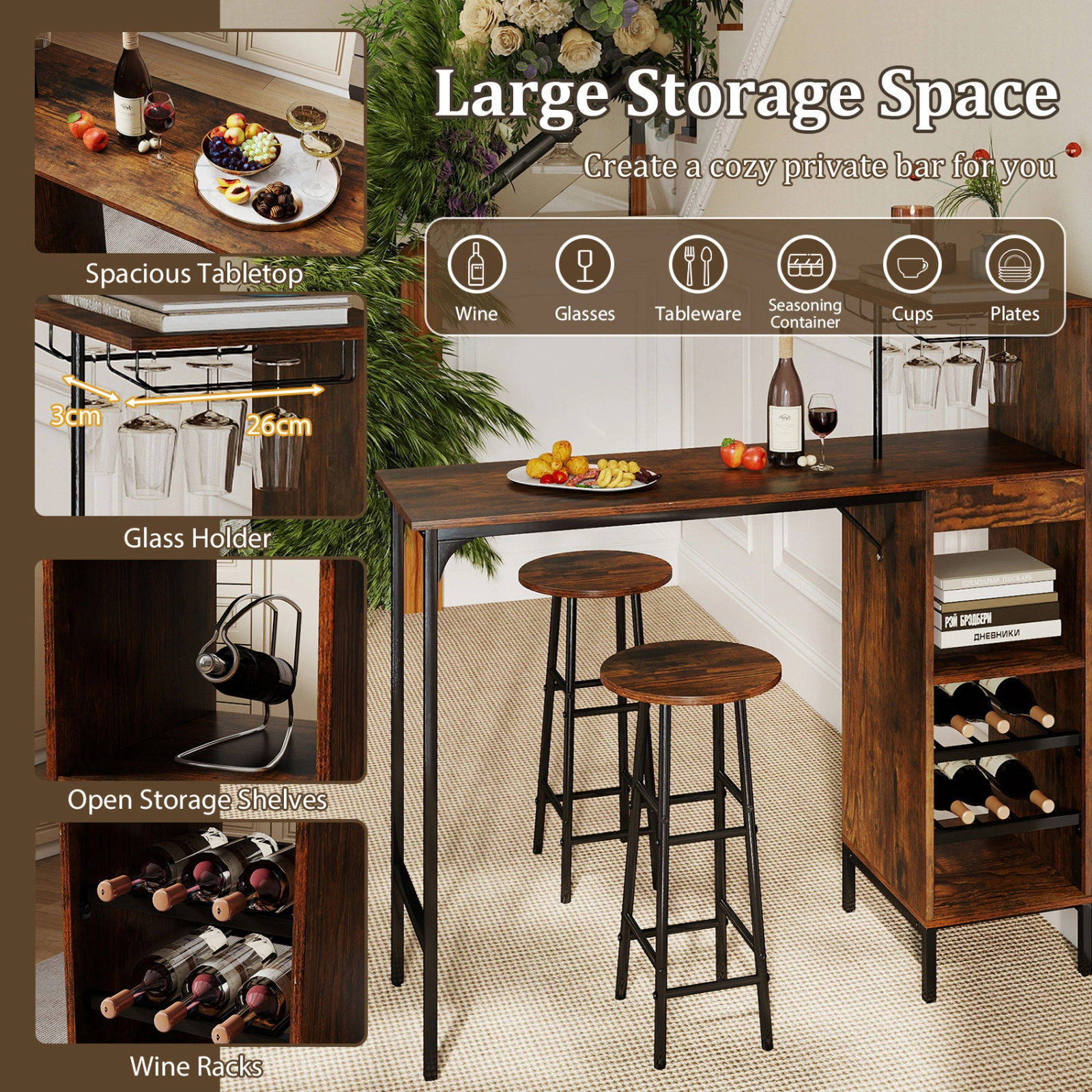 SUGIFT Bar Table and Chairs Set with Storage Shelf 400-Lb Table Capacity 330-Lb Stool Capacity Rustic Brown