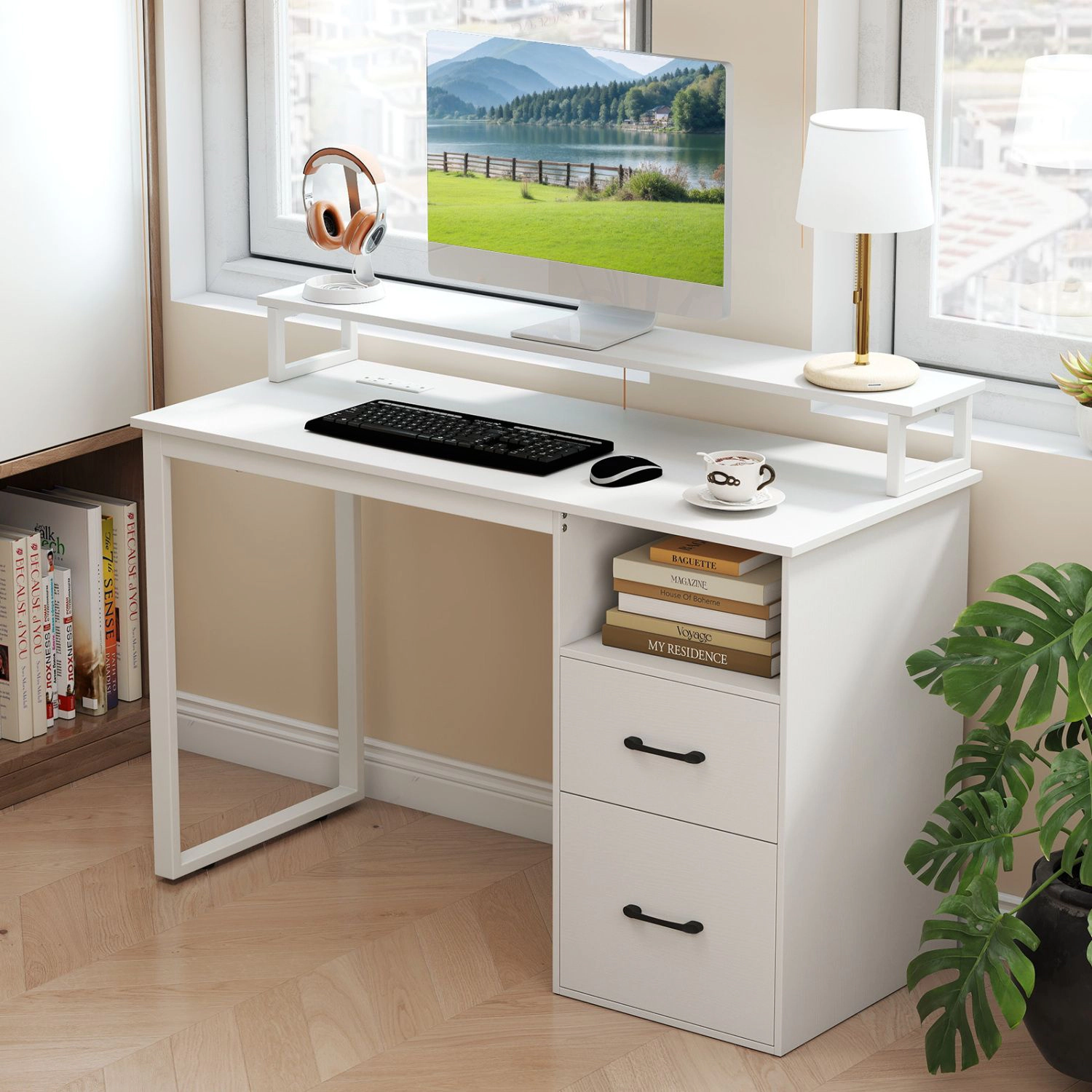 SlickBlue Office Desk with Power Outlets & Monitor Stand