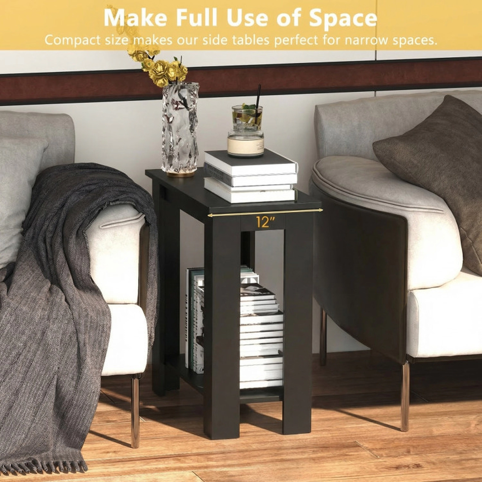 SUGIFT 23.5 in End Table Black 2-Tier Compact Side Table with Storage Shelf