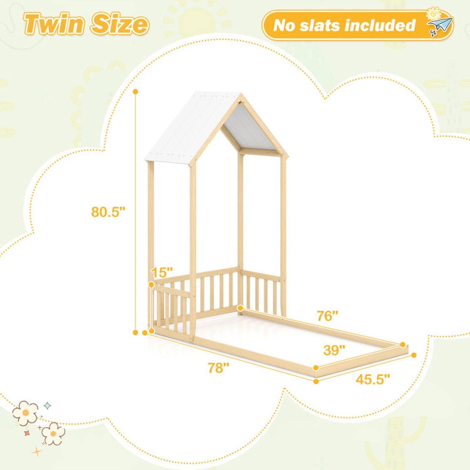 SUGIFT Natural Pitched Roof Semi-Fence and Anti-Toppling Kit Pine Wood Twin Kids House Floor Bed