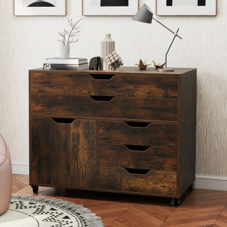 Hivvago Modern Vertical 5-Drawer Mobile Chest with Door 5 Casters