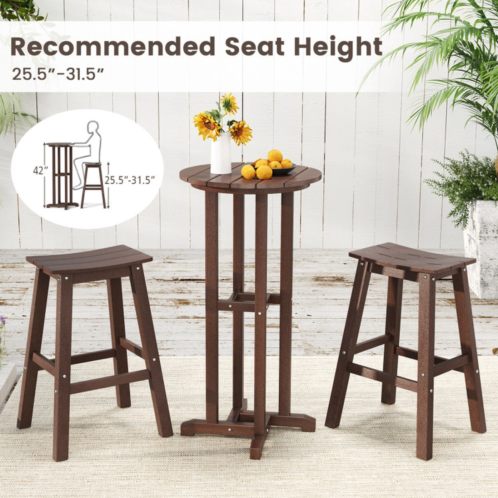 SUGIFT 21.5-in Round HDPE Bar Height Patio Dining Table with Slatted Tabletop 110-Lb Capacity 42-in Tall Brown