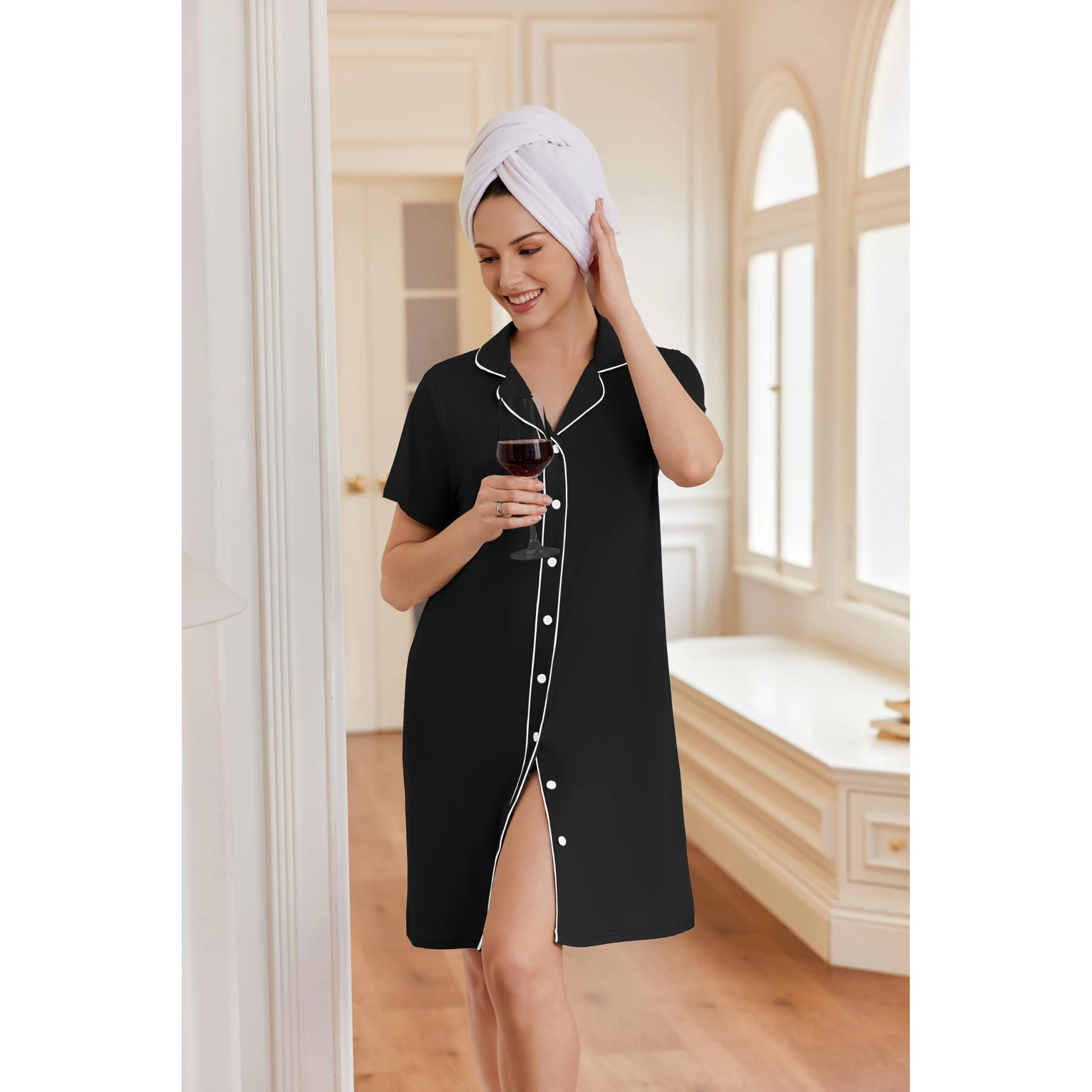 Ekouaer Notch Collar Night Dress for Women Button Down Sleepshirt Short Sleeve Nightgown Soft