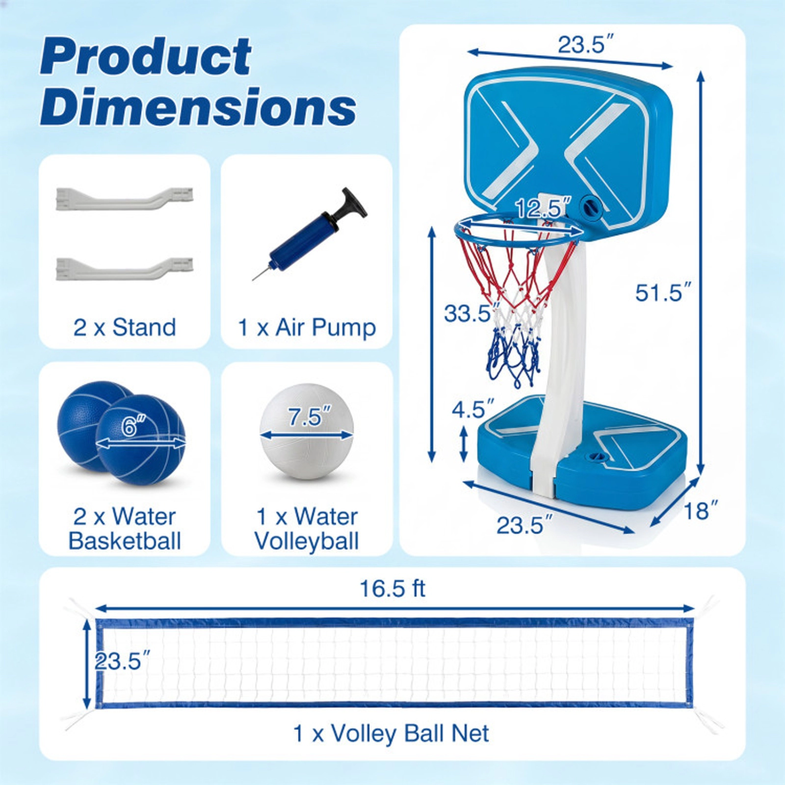 SUGIFT 2-in-1 Pool Basketball Hoop and Volleyball Net Set with Weighted Base 3 Balls and Air Pump