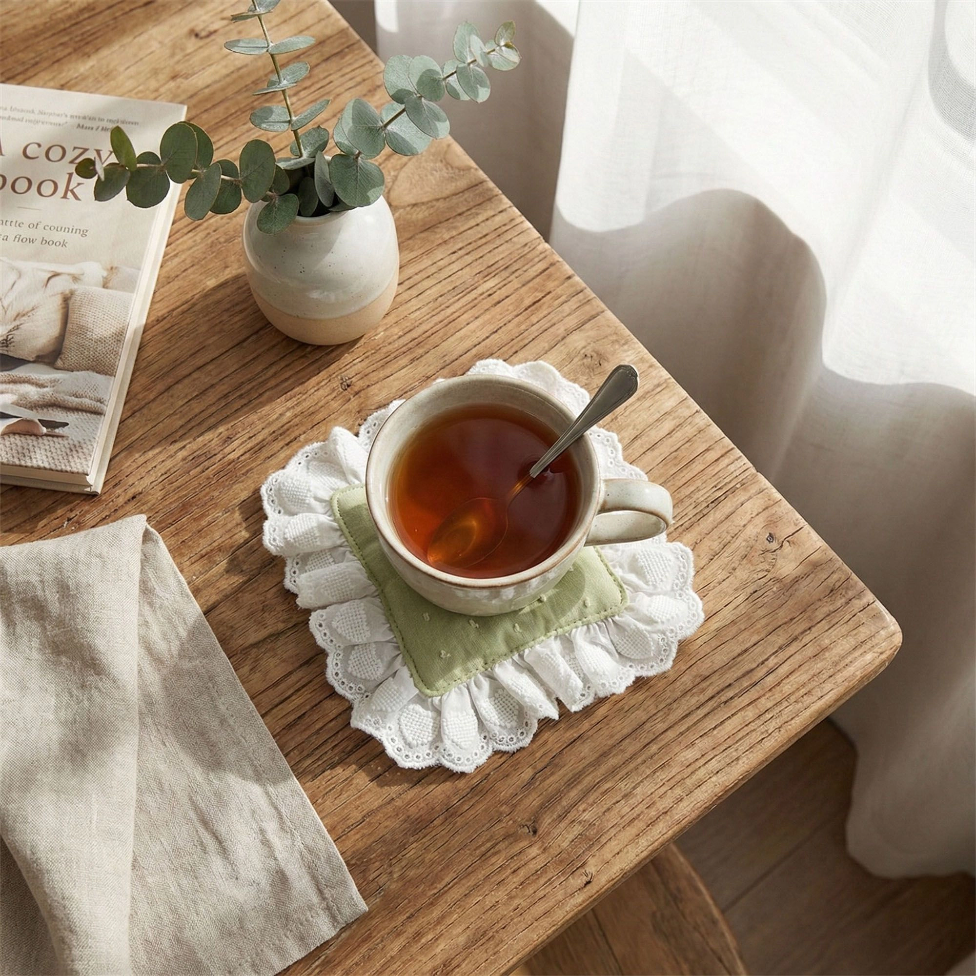 Alilang Unisex 2-PC Lace Trim Square Fabric Cup Coaster with Soft Padded Center and Embroidered Detail