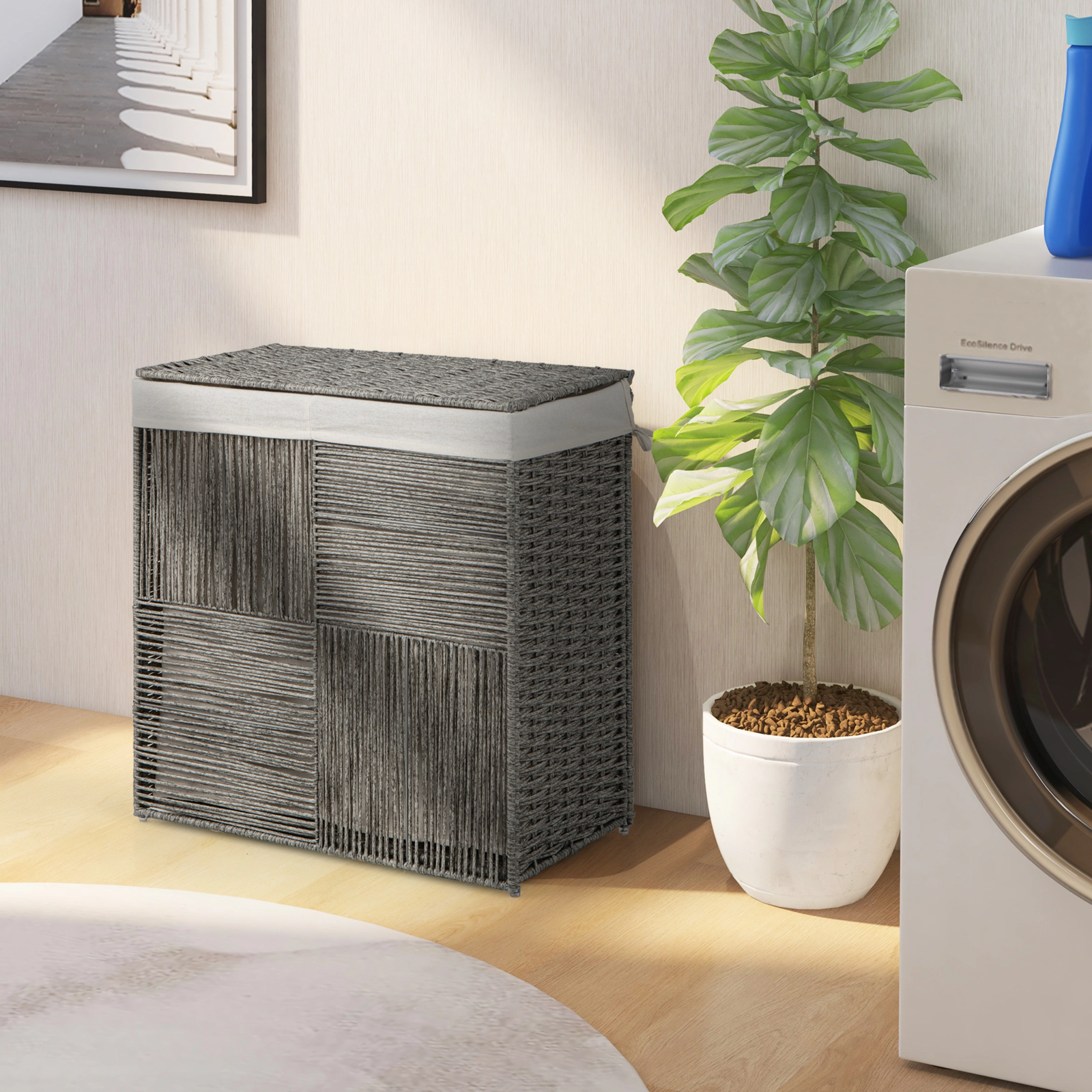 SUGIFT Grey 29-gal Laundry Hamper with 2-Section Removable Liner Bag and Handles for Dirty Clothes