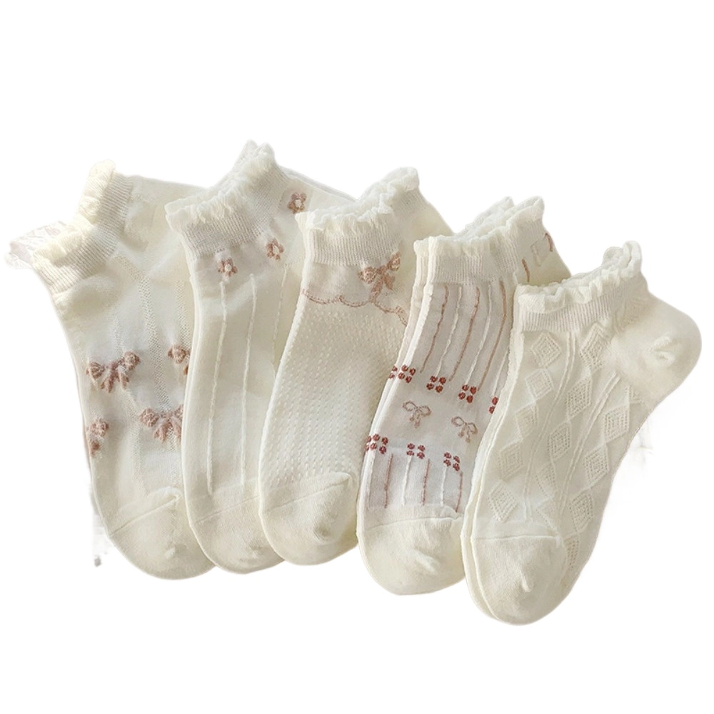 Wardrobe Whimsy 5 Pairs Short Thin Women Socks Asakuchi Print Boat Breathable Cute Sock