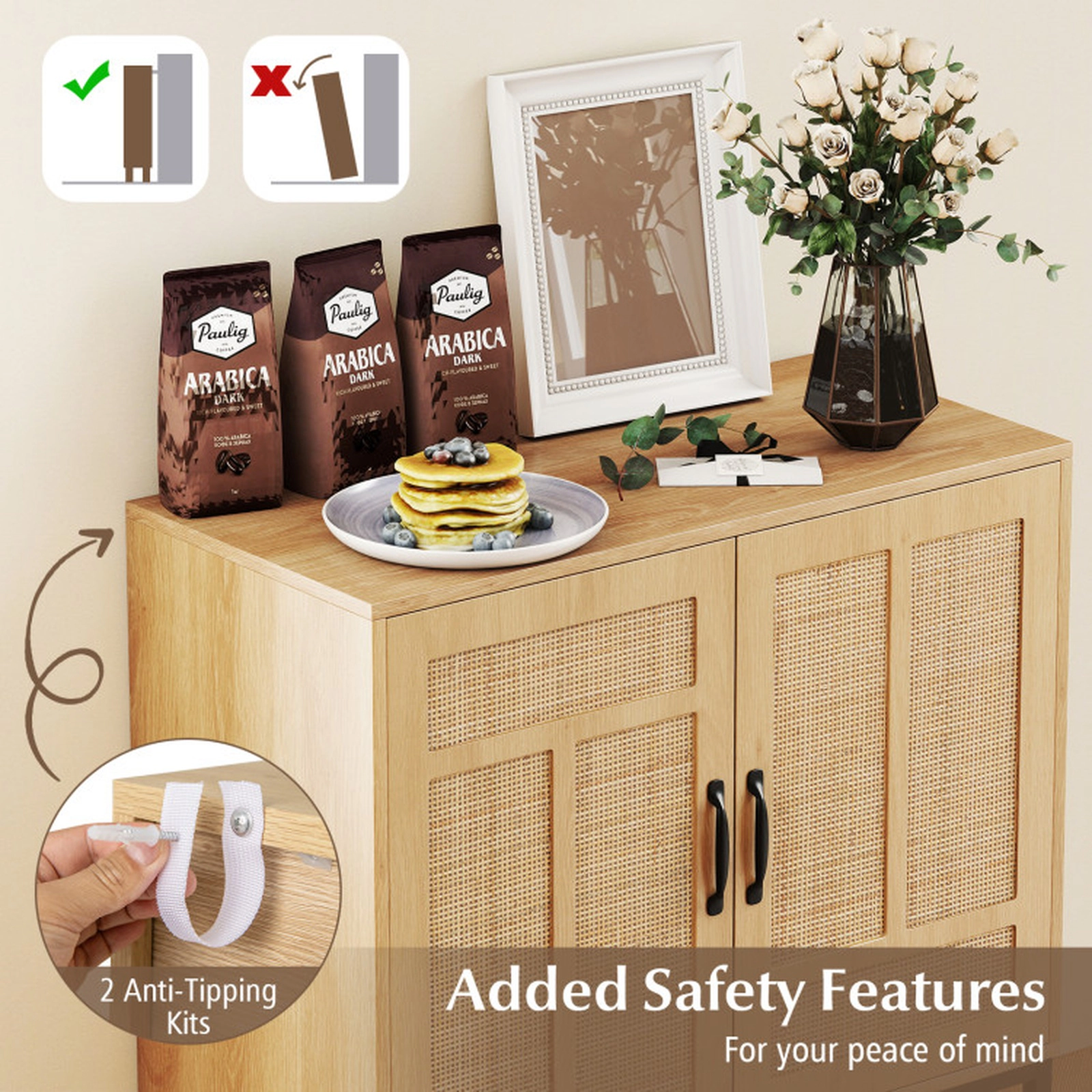 SUGIFT Boho Storage Sideboard Cabinet with Asymmetrical Rattan Doors 100-lb Tabletop Capacity Natural