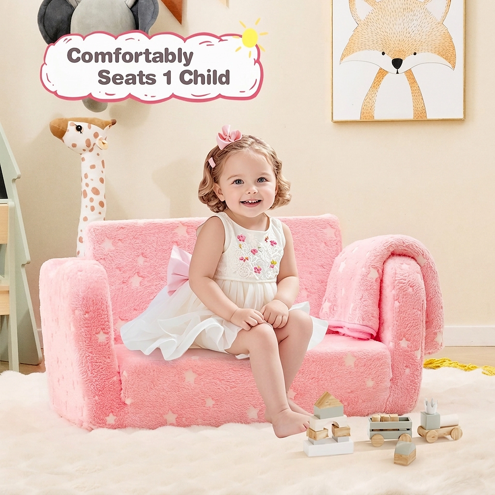 2-in-1 Folding Kids Couch Toddler Fold Out Sofa Bed with Glow in the Dark Print Blanket Included and OEKO-TEX Pink