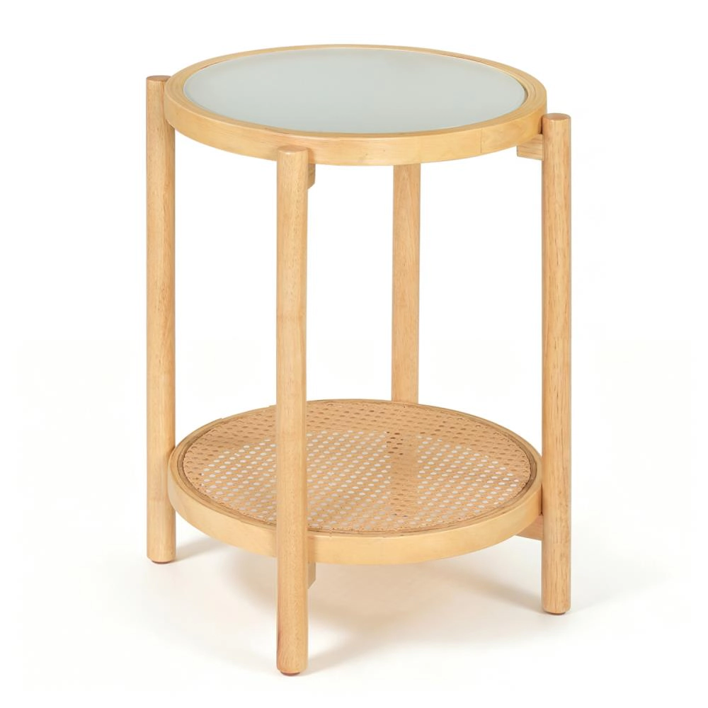 Hivvago Round Side Table 2-Tier Boho End With Tempered Glass Top