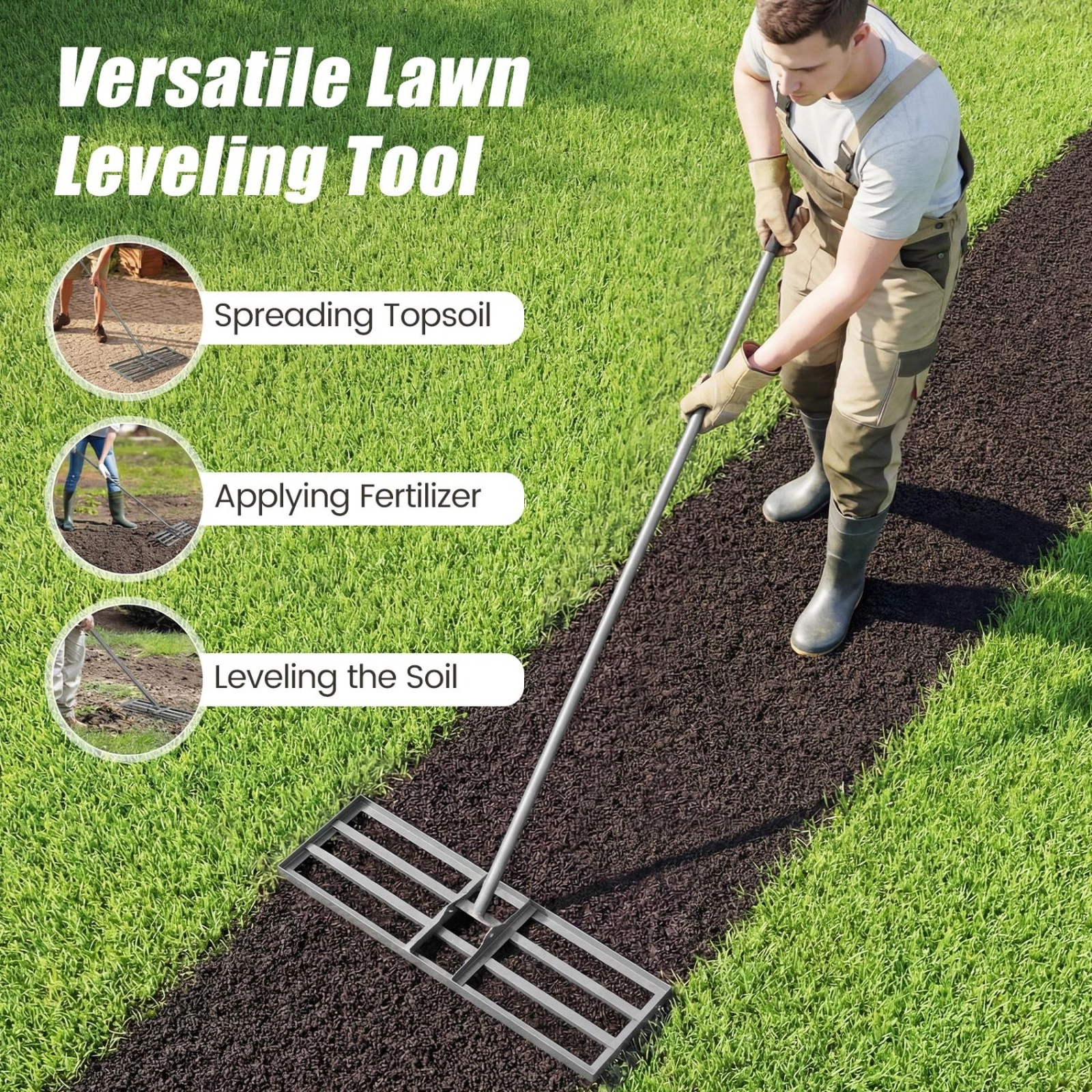 SUGIFT Silver 30-in x 10-in Yard Leveling Rake with 2-Section 69-in Handle and Double-Welded U-Bracket