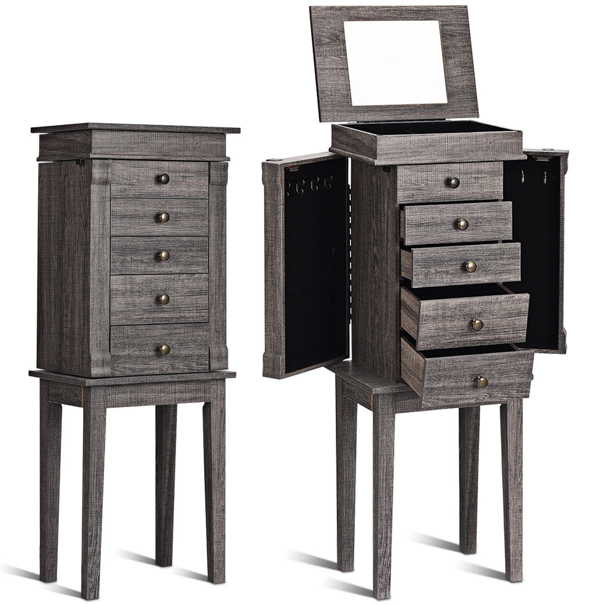 SUGIFT 38.5-in Gray Standing Jewelry Armoire Cabinet with 5 Drawers 8 Necklace Hooks and Flip-Top Mirror