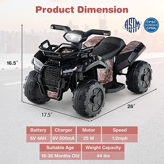 LJG 6V Kids ATV Quad Electric Ride on Car with LED Light and MP3