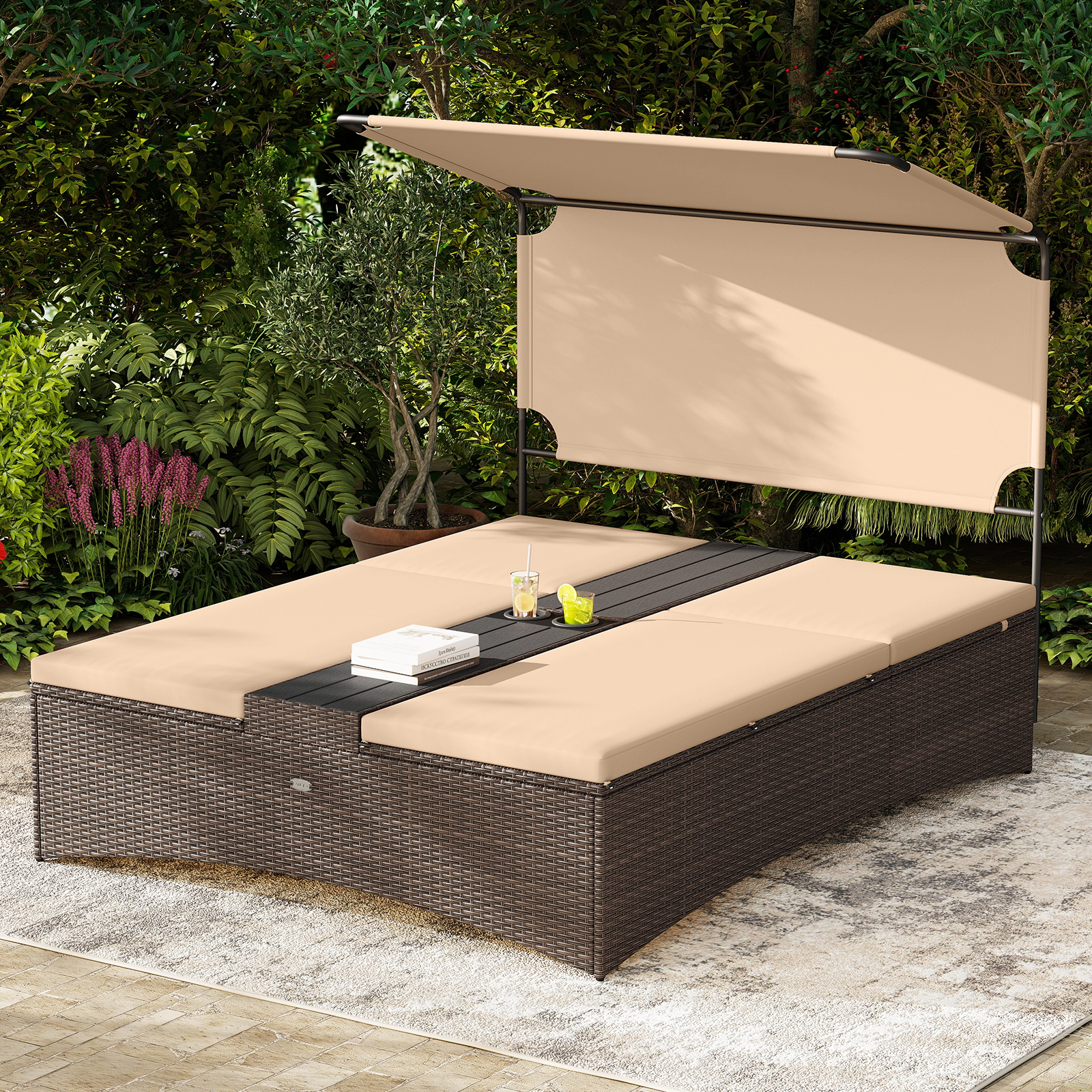 LJG Outdoor Daybed with Adjustable Backrests 2-Person PE Rattan Patio Bed