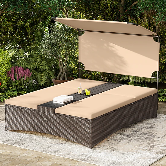 LJG Outdoor Daybed with Adjustable Backrests 2-Person PE Rattan Patio Bed