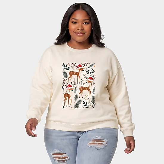 Simply Sage Market - Women's Plus Sized Graphic Sweatshirt - Christmas Deer and Foliage