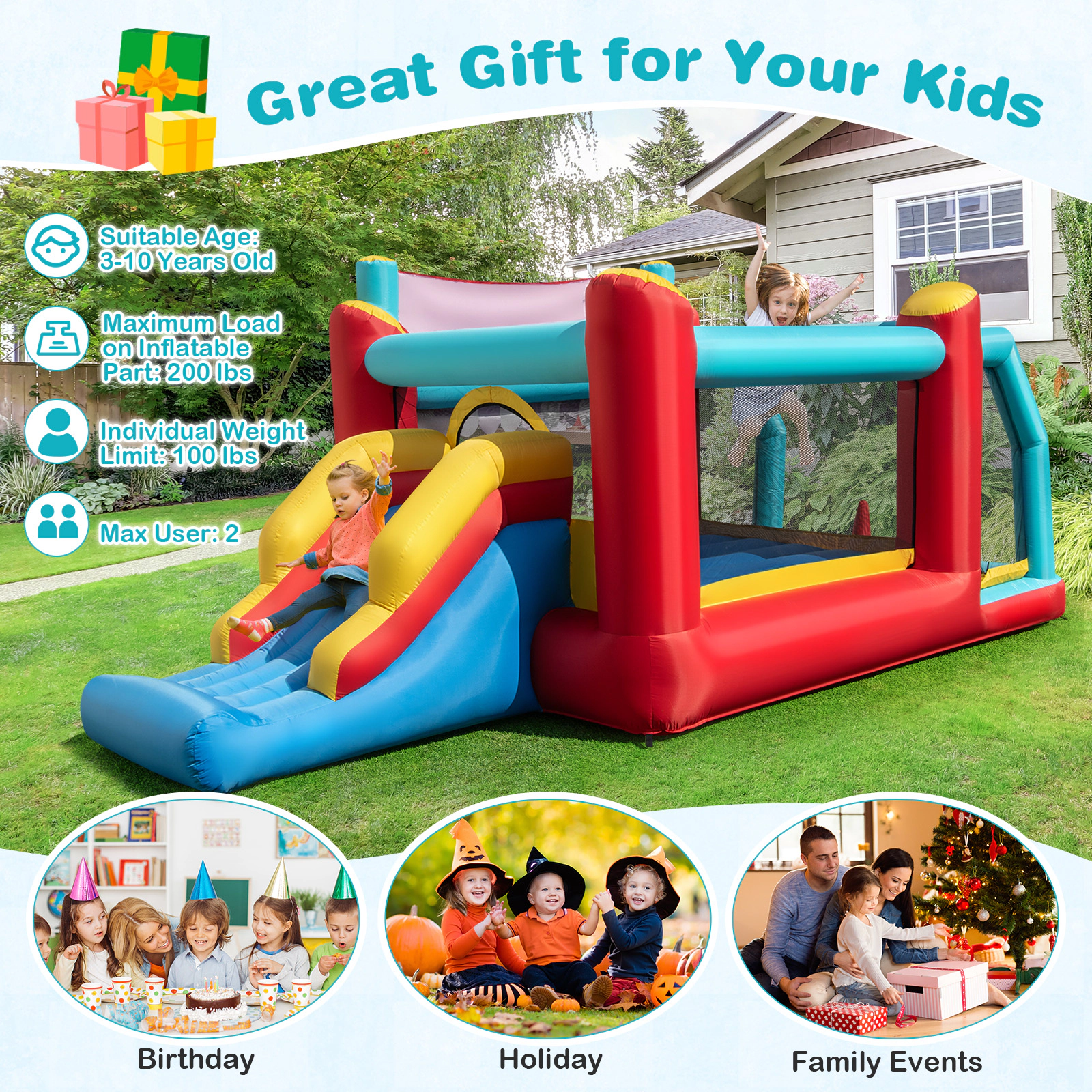 SUGIFT 5-in-1 Ice Cream Inflatable Bounce House with Slide and Ball Pit 100-lb Capacity Ages 3-10 Red/Blue/Yellow