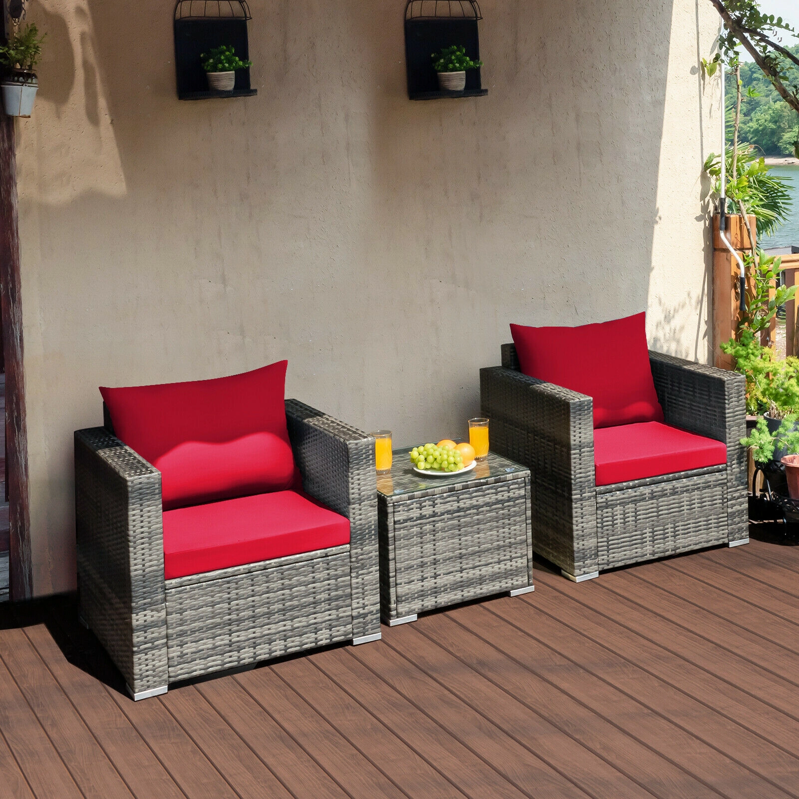 SUGIFT 3-Piece Gray Rattan Outdoor Patio Sofa Set with Cushions and Glass Coffee Table