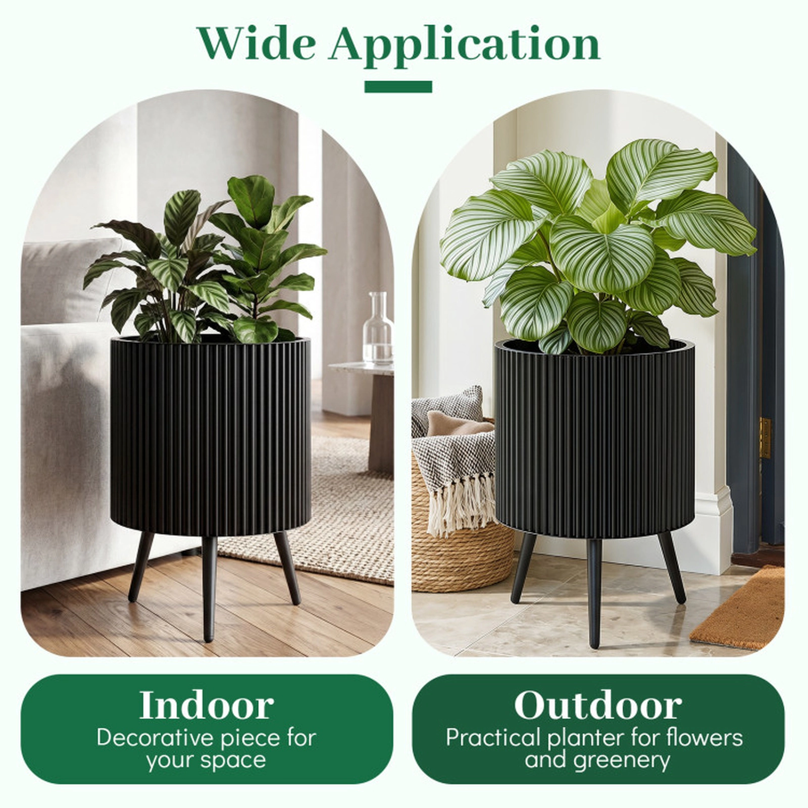 SUGIFT Black Fluted Metal Plant Pot with Stand and 3 Tapered Legs 16.5-in Dia 22-in H 110-lb Pot Capacity