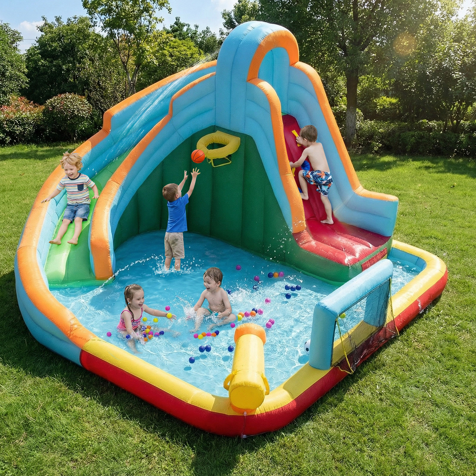 SUGIFT 132 in Slide No Blower 6-in-1 Kids Inflatable Water Slide Park Giant Bounce House
