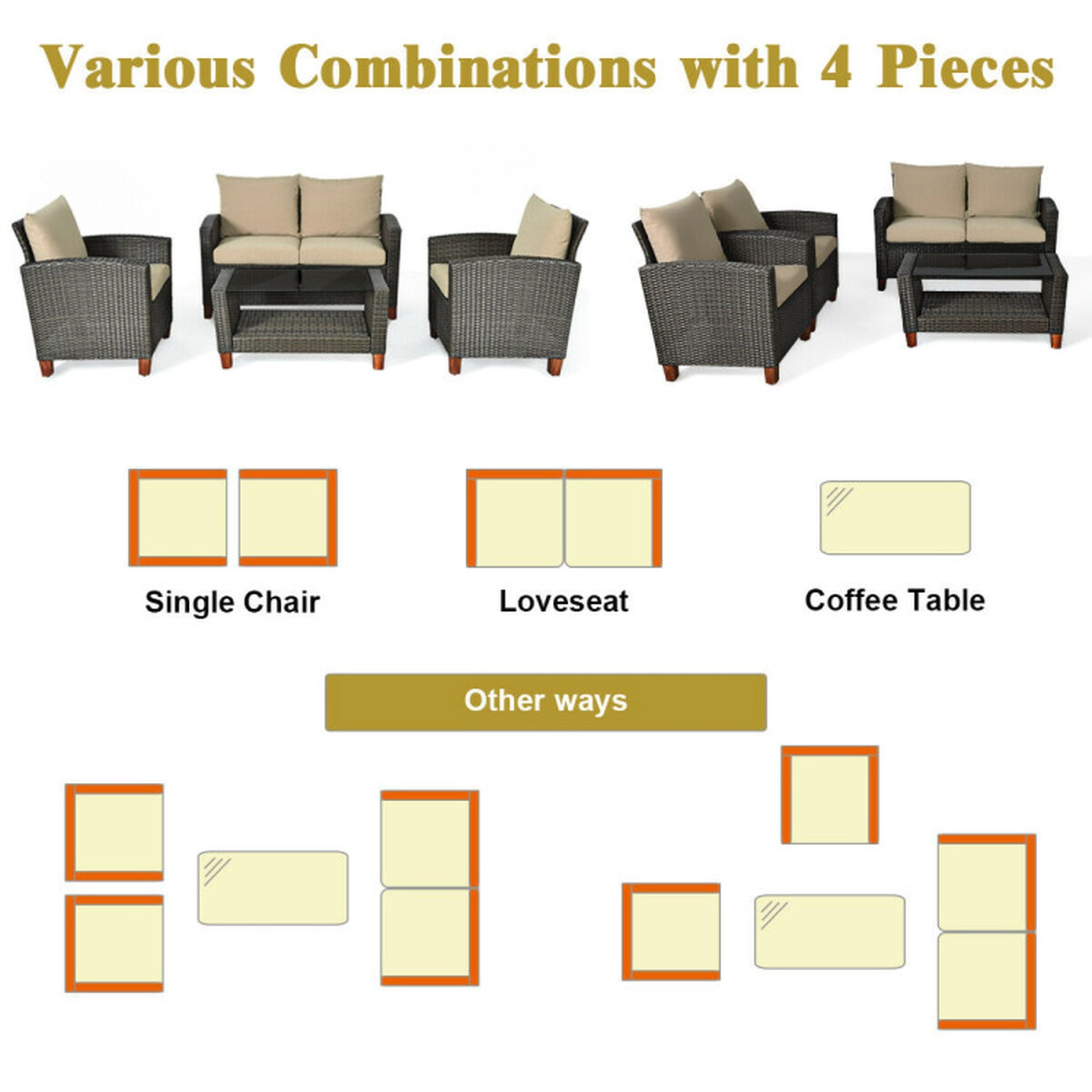 SUGIFT Beige Loveseat Armchairs and Coffee Table 4-Piece Patio Rattan Sofa Set
