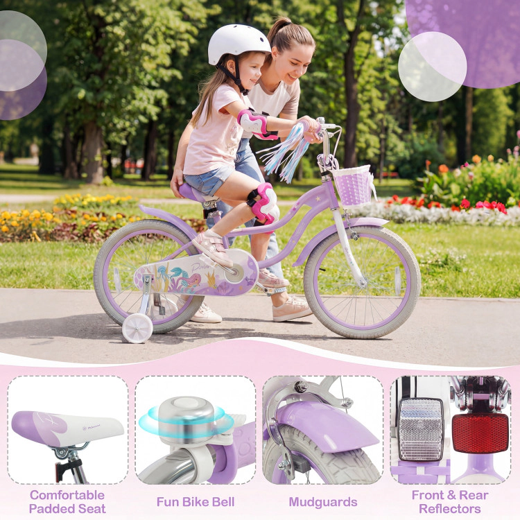 Hivvago Kids Bike Adjustable with Basket and Streamers Purple - Princess of the Sea Theme