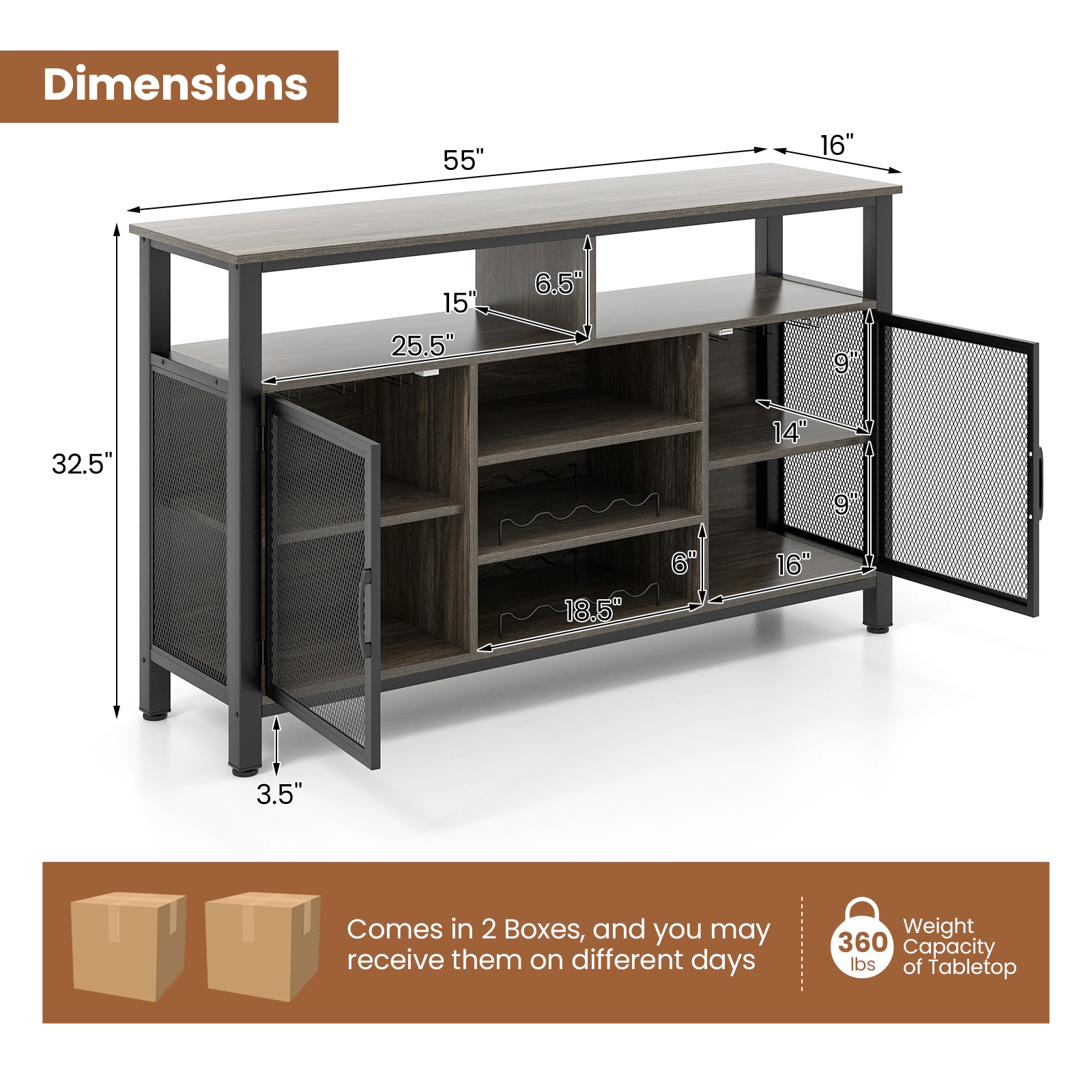 Glintex 55-Inch Buffet Sideboard with 8-Bottle Wine Rack and Mesh Doors