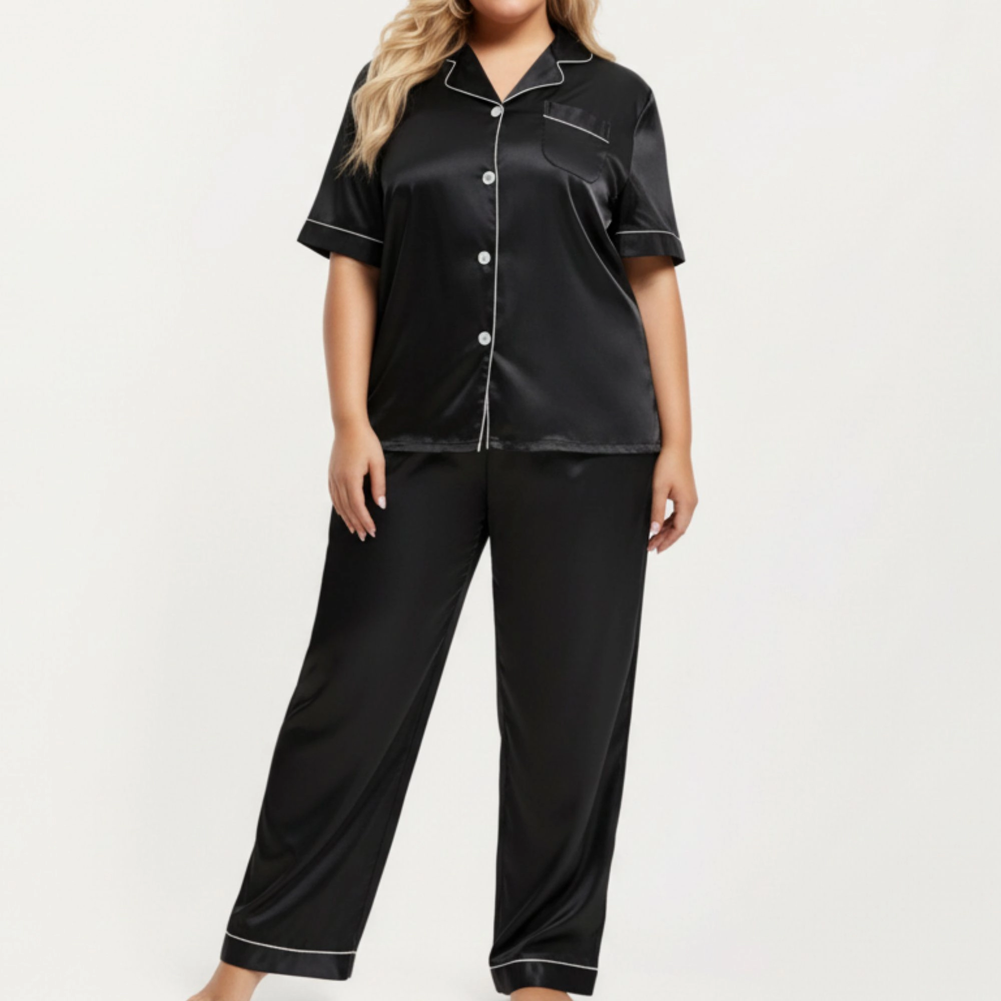 Anna-Kaci Women's Plus Satin Pajama Set with Short Sleeve Button Front Top and Relaxed Straight Leg Pants