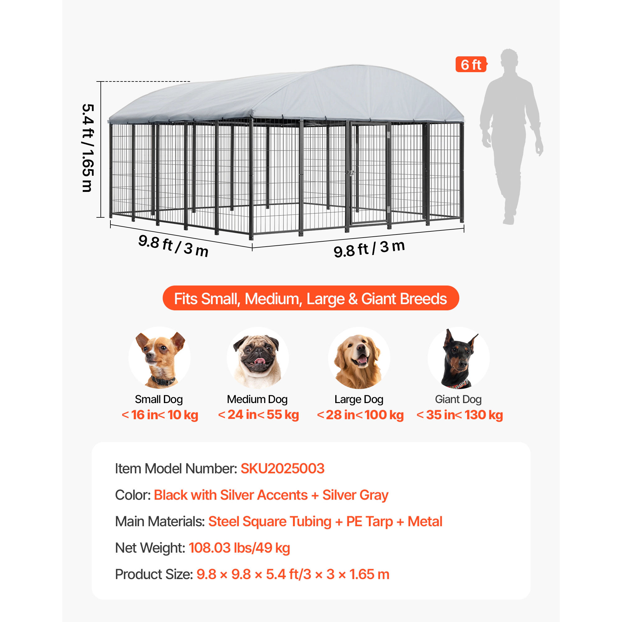 HONGGE 9.8 x 9.8 x 5.4 ft Large Outdoor Dog Kennel with Waterproof UV-Resistant Roof and Secure Lock