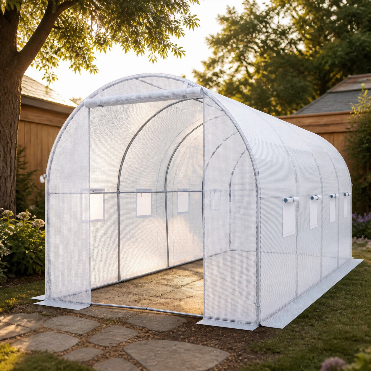 SUGIFT White 15-ft x 7-ft Walk-in Tunnel Greenhouse with Galvanized Steel PE Cover and 8 Mesh Windows