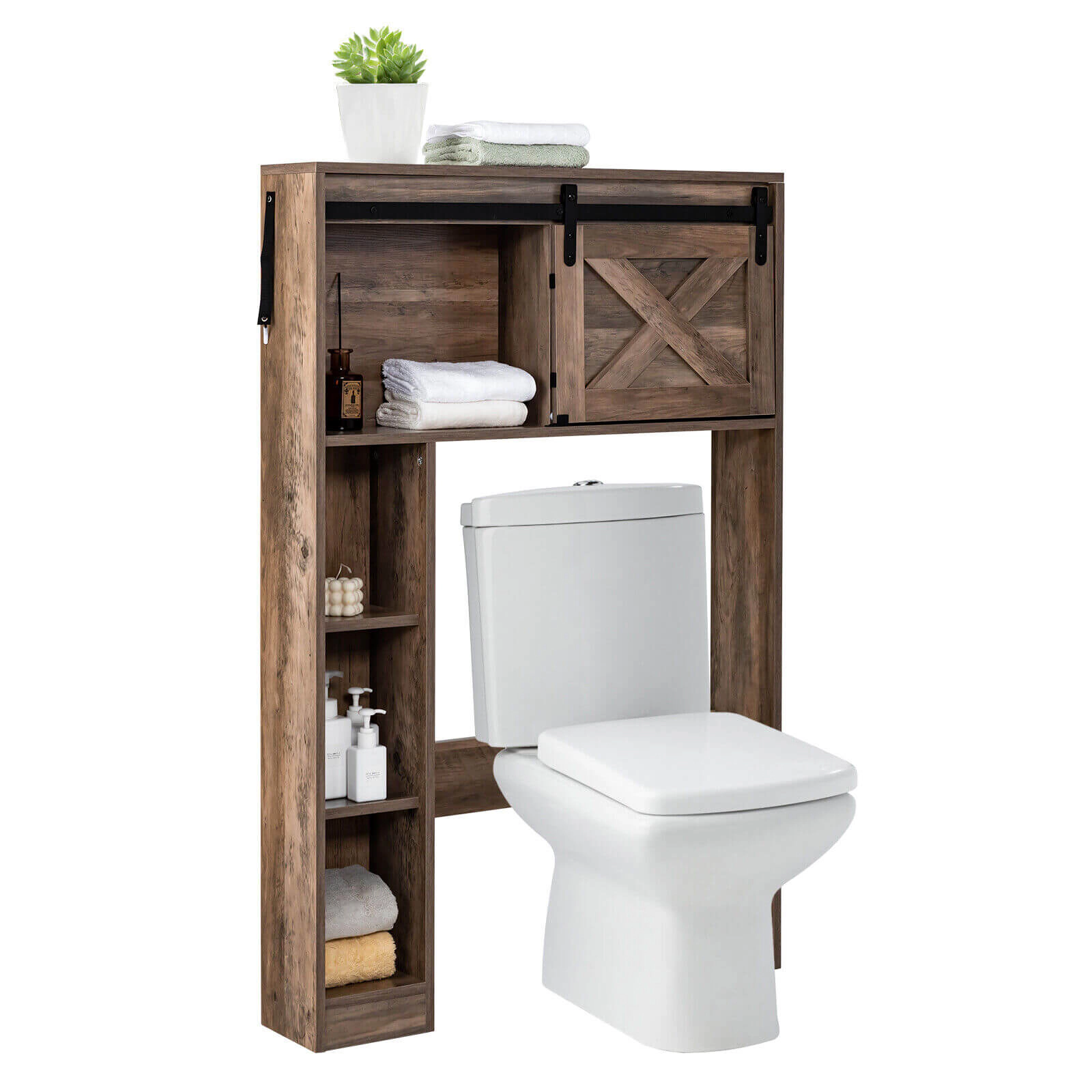 SUGIFT 4-Tier Over The Toilet Storage Cabinet with Sliding Barn Door 154-lb Top Capacity White/Rustic Brown