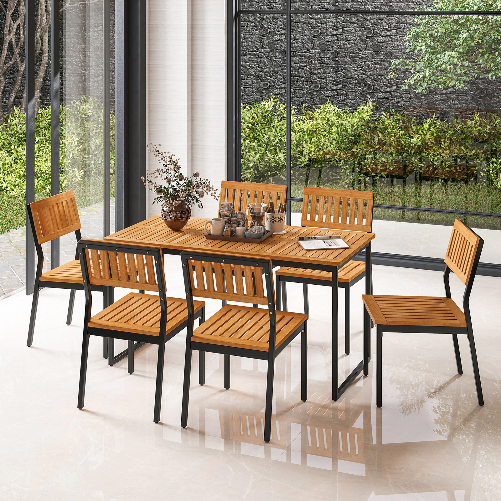LJG Patio Dining Chair Set of 2 with Metal and Acacia Wood Frame