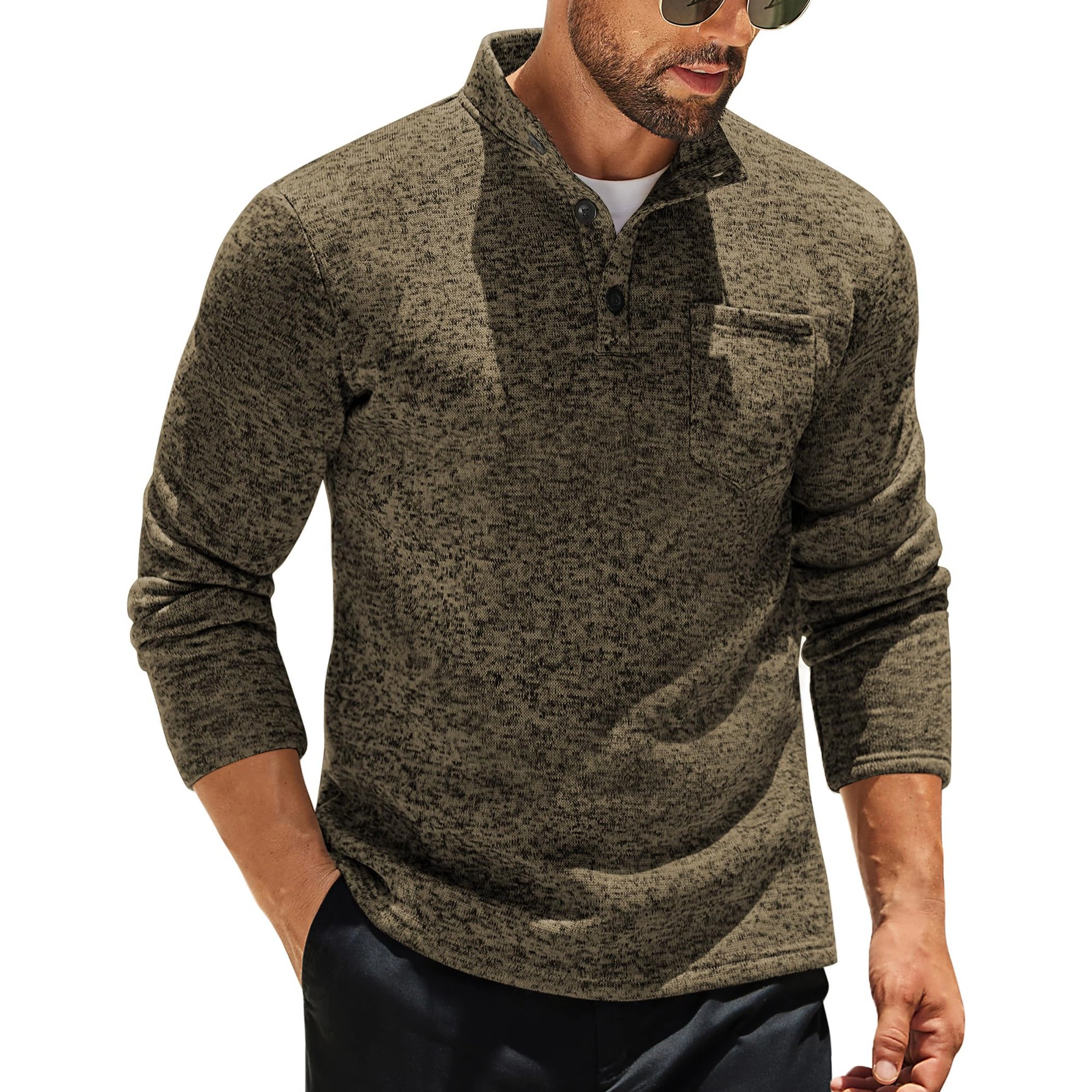 COOFANDY Mens Long Sleeve Henley Shirt Fall Mock Neck Button Up Chest Pocket Tops