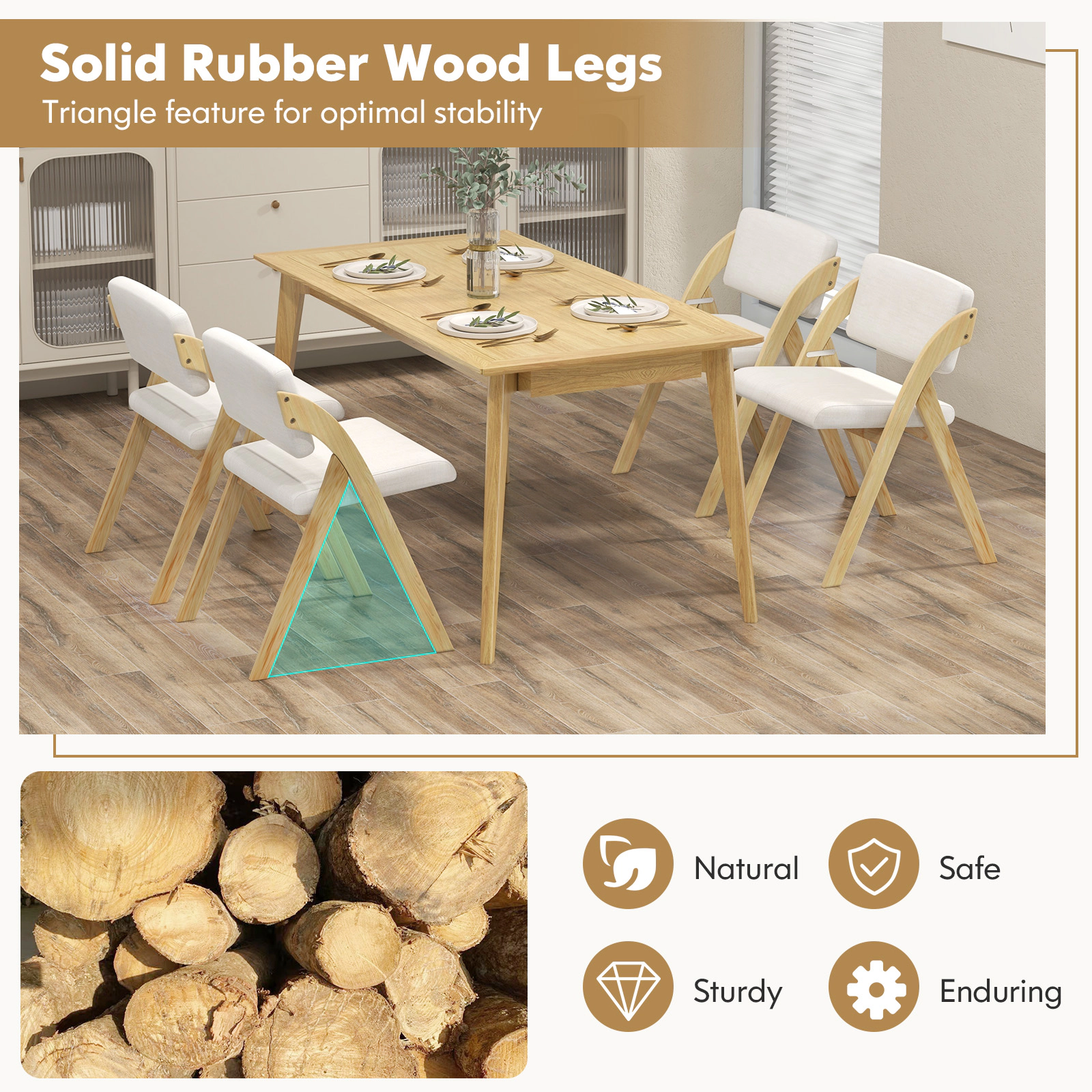 SUGIFT Thick Padded Folding Kitchen Dining Chairs with Rubber Wood Legs 355-lb Capacity Natural & Beige