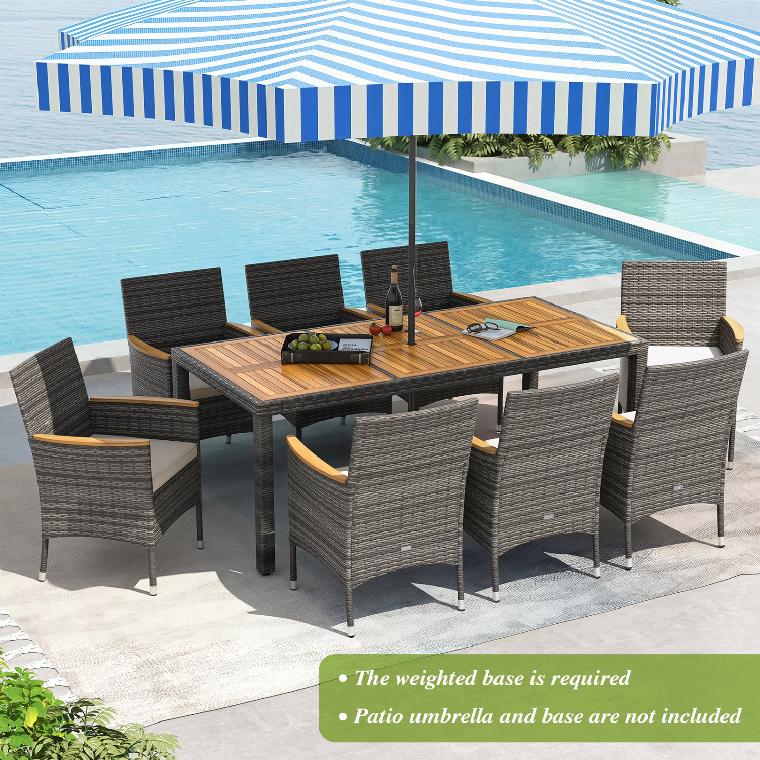 LJG 9 Pieces Rattan Patio Dining Set with Acacia Wood Table and Cushioned Chair