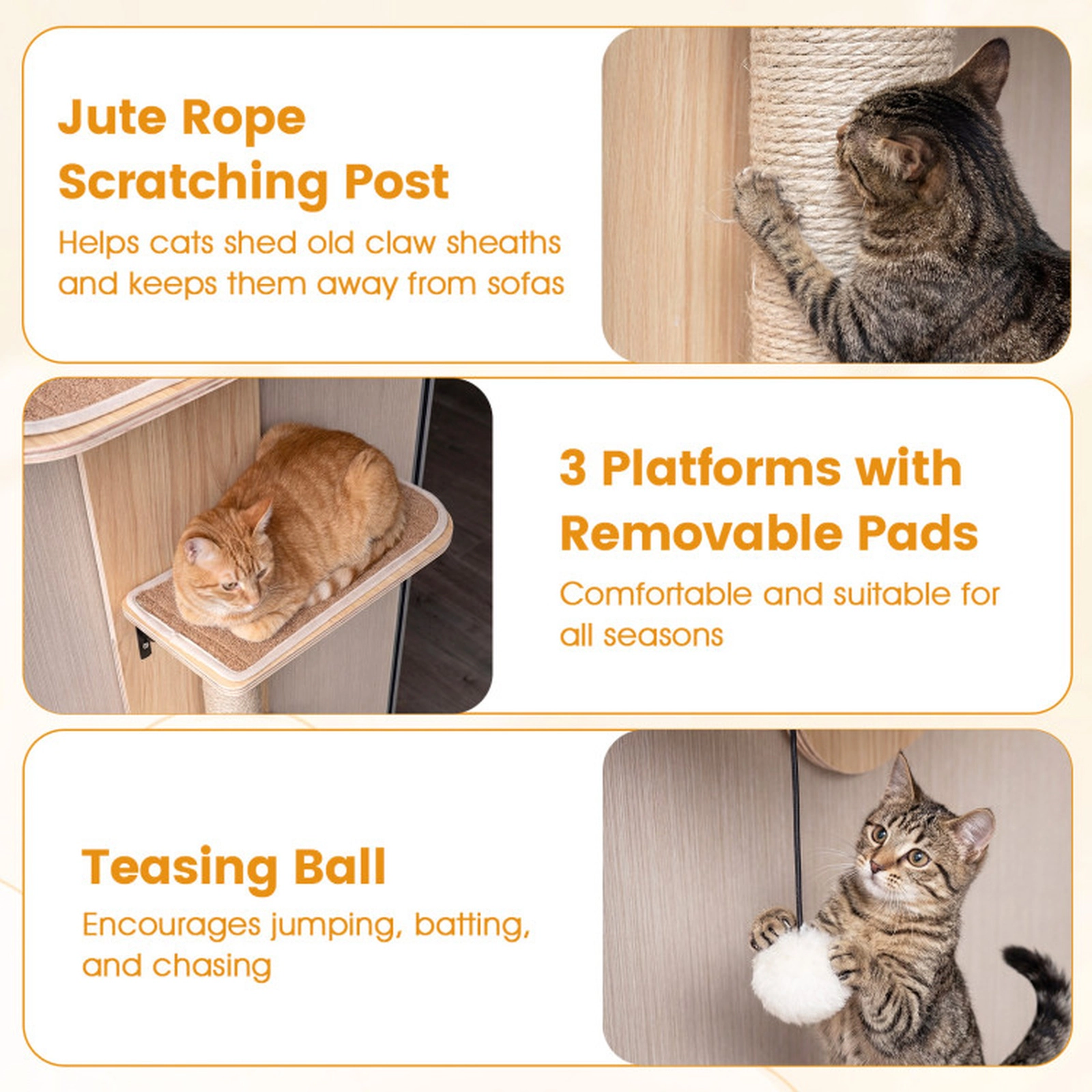 SUGIFT 5-Level Adjustable Door Hanging Cat Climber with Plush Bed 11-lb Capacity Beige + Natural/Gray + Natural