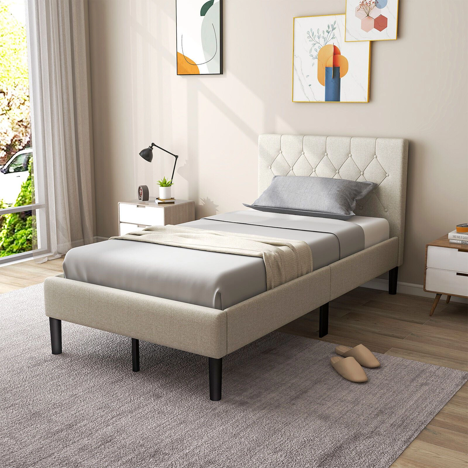 SlickBlue Modern Bed Frame with Wooden Slats and Under Bed Storage