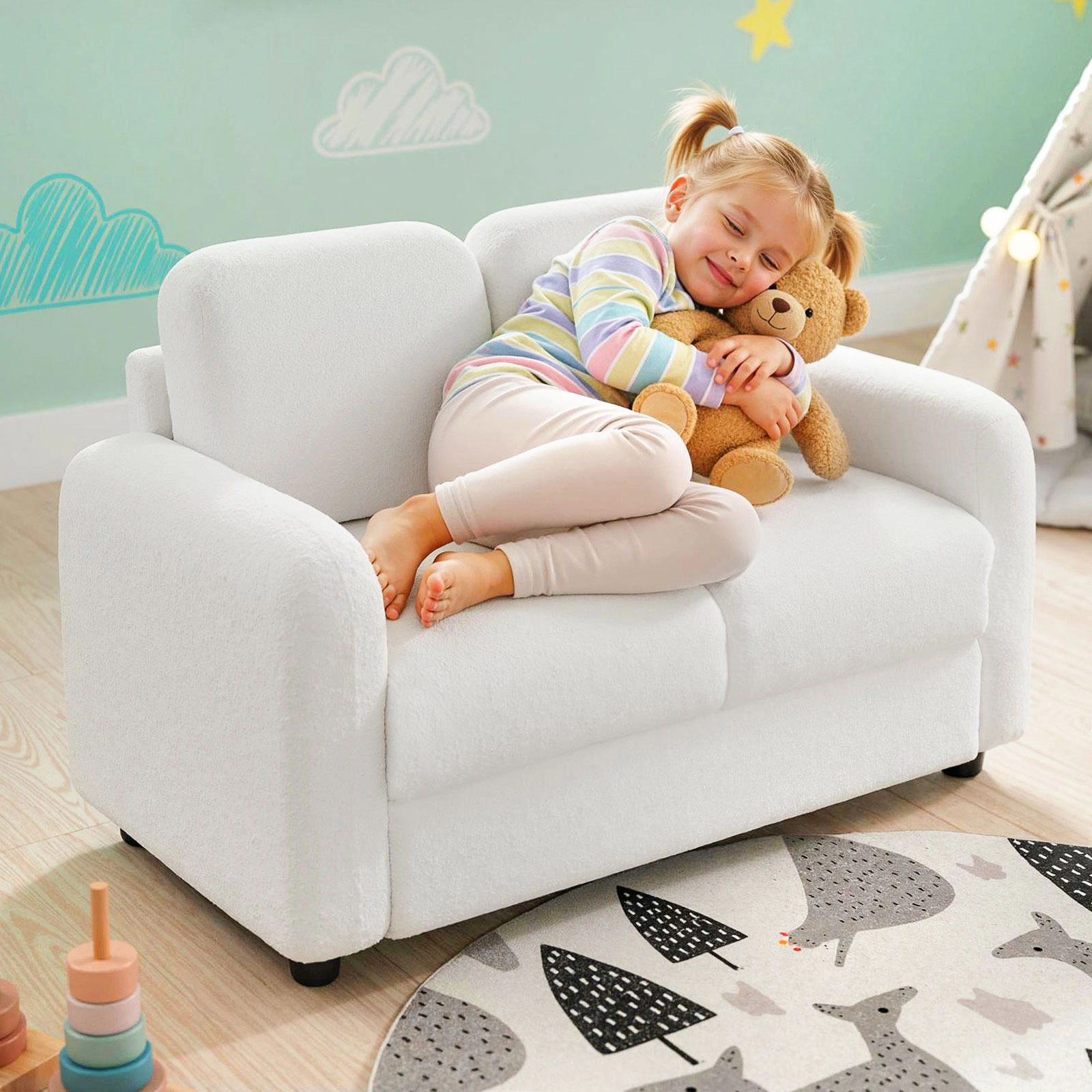 SUGIFT 2-Seat Kids Sofa Toddler Couch with Teddy Fleece Upholstery 330-lb Capacity Ages 3+ White