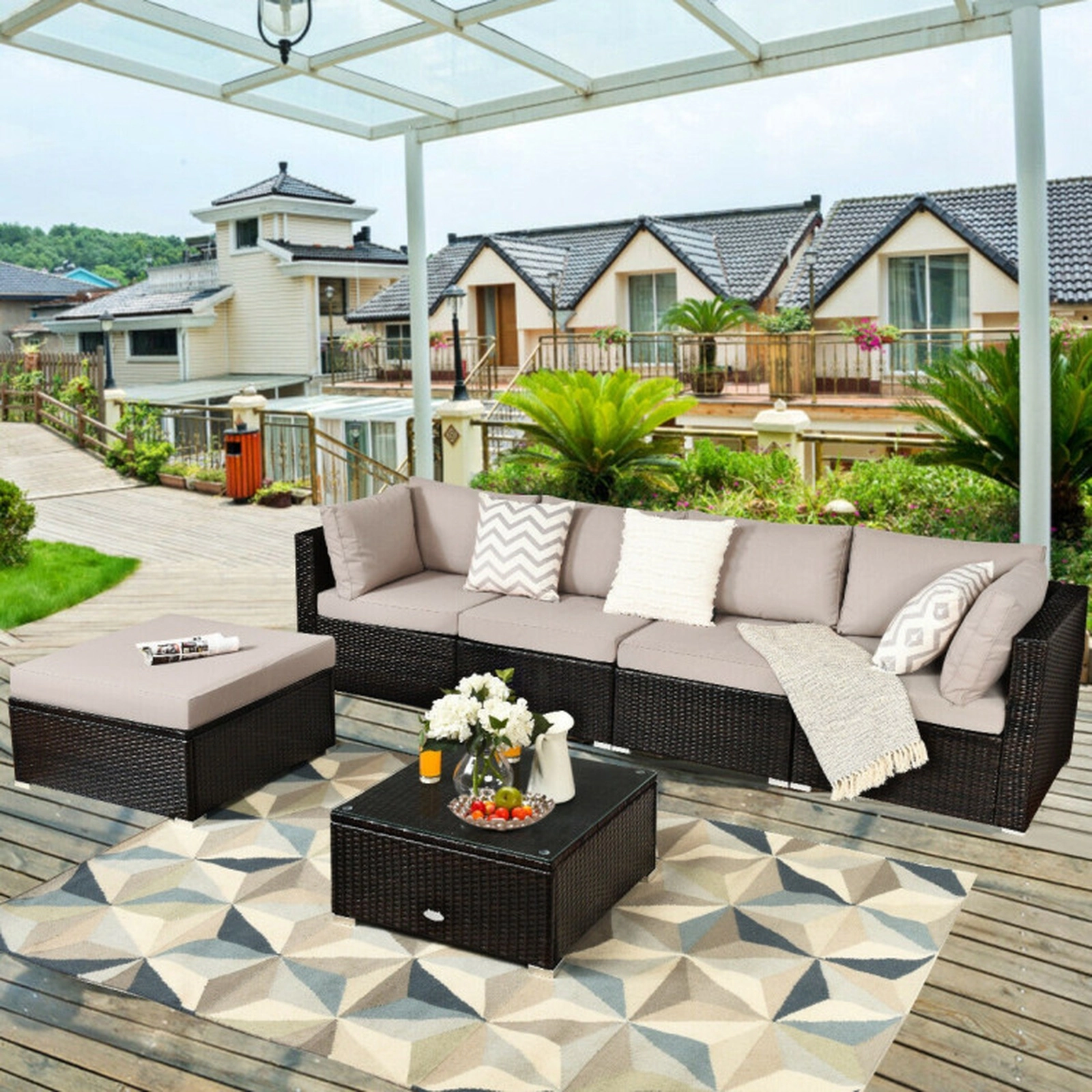 SUGIFT 6-Piece 355-lb Capacity Hand-Woven Rattan Outdoor Patio Sectional Sofa Set with Ottoman and Glass Table