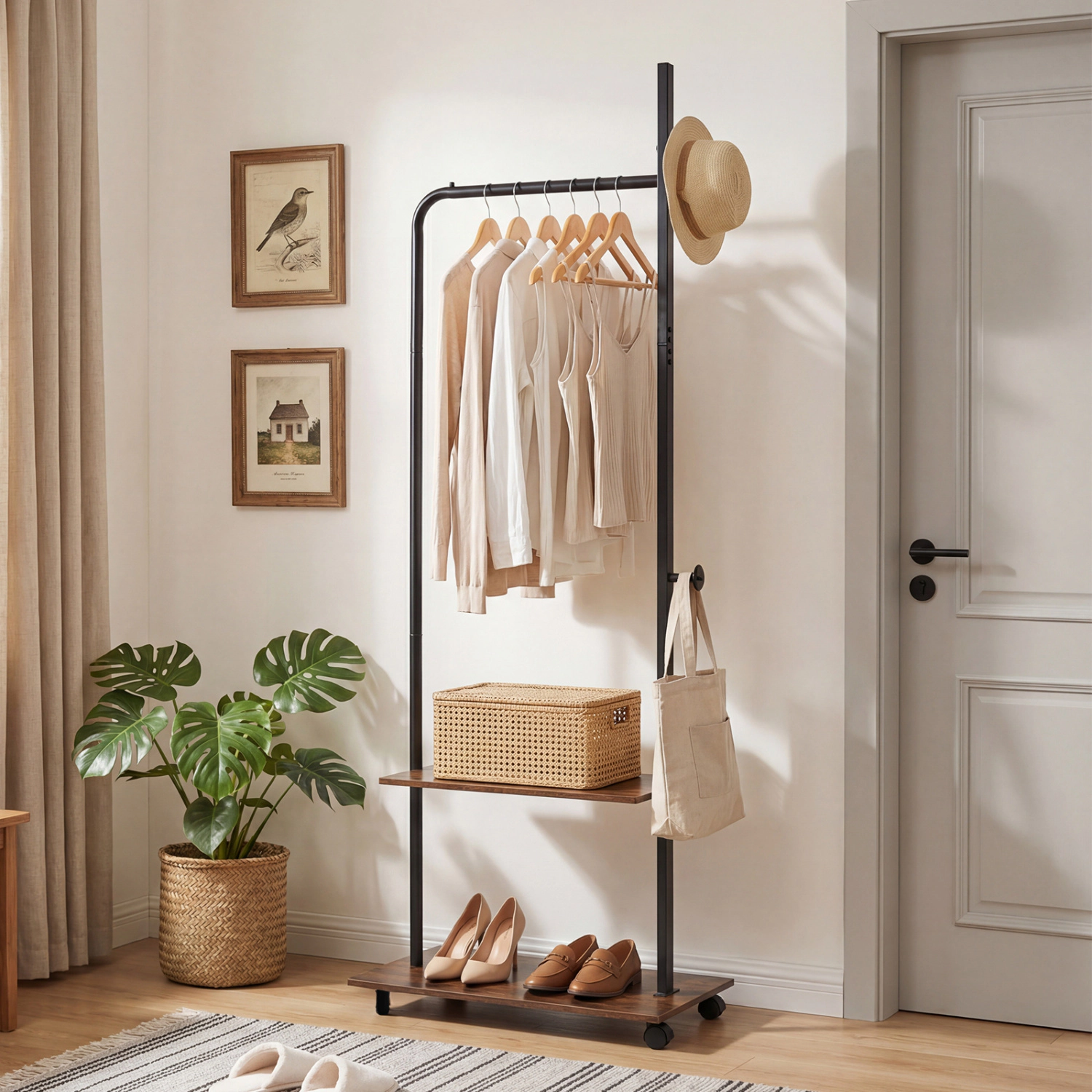 SUGIFT Clothing Rack with Hanging Rod, Side Hooks and Storage Shelves 120-lb Capacity with Wheels Rustic Brown+
