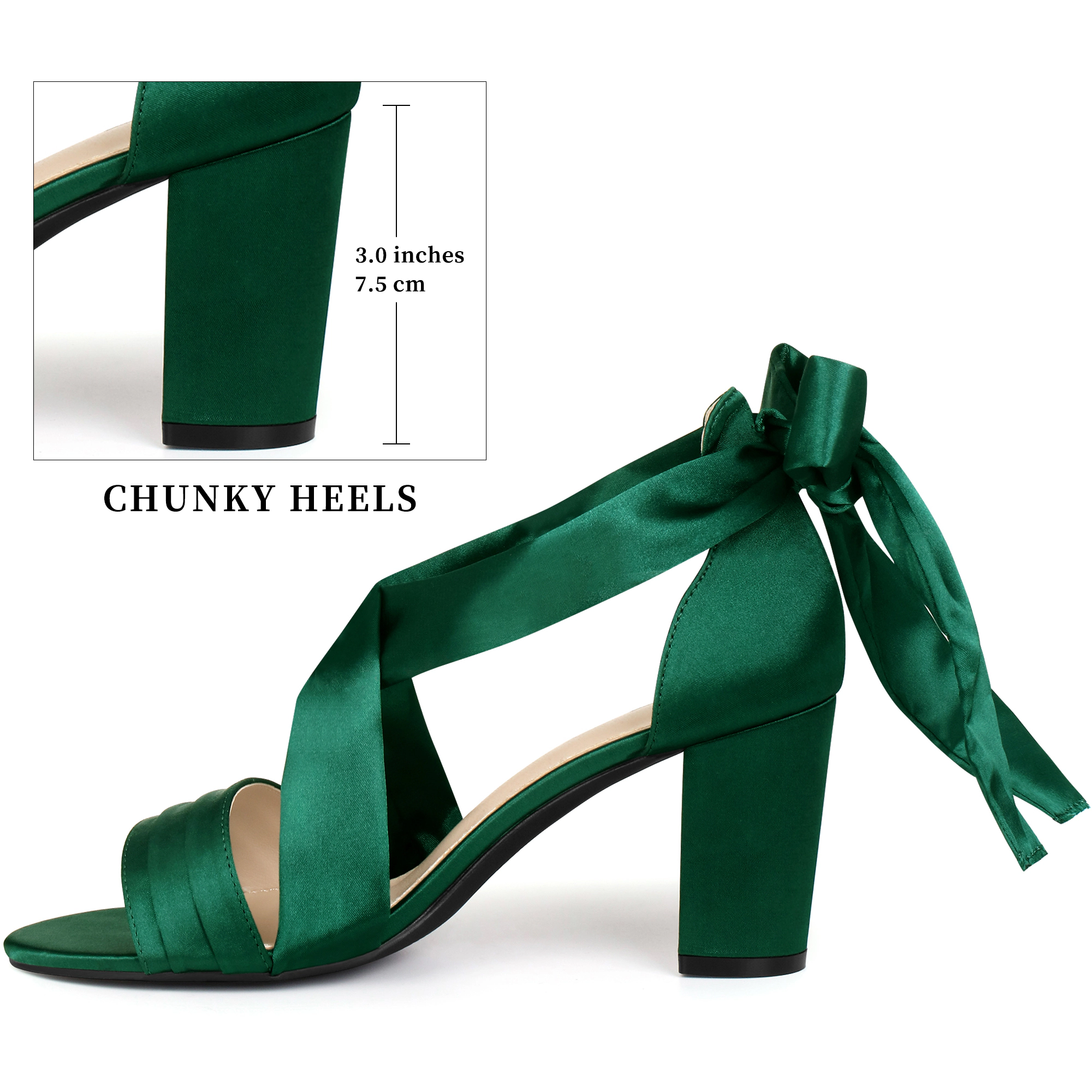 BLISSFUL STEP Women's Satin Open Toe Lace Up Cross Strap Chunky Heel Sandals