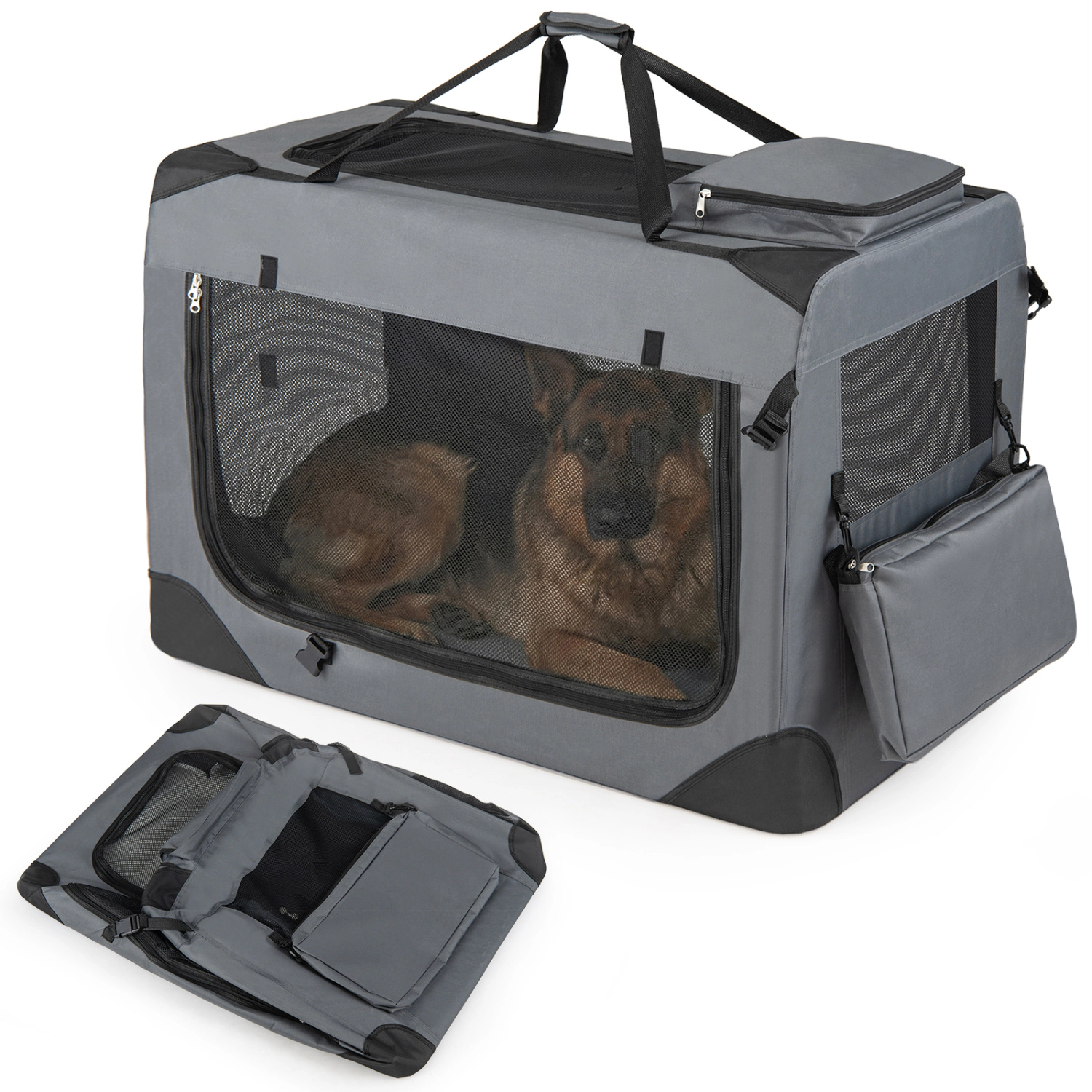 SUGIFT Collapsible Soft Dog Travel Crate with Mesh Windows 36-in Long 70-lb Capacity 3 Doors Gray with Fleece Bed