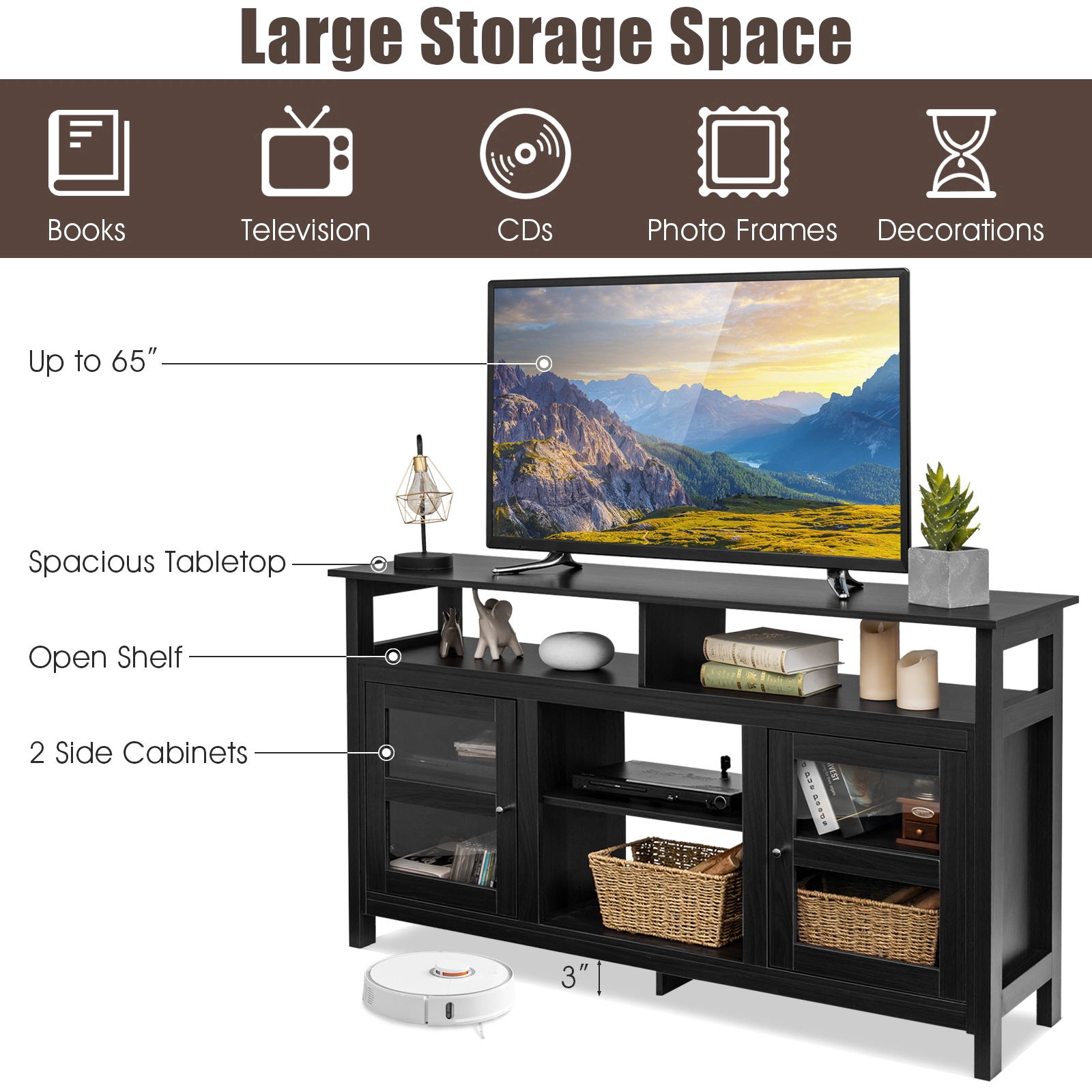 SUGIFT 58-in TV Stand Entertainment Console Center with 2 Cabinets 40-lb Tabletop Capacity Black