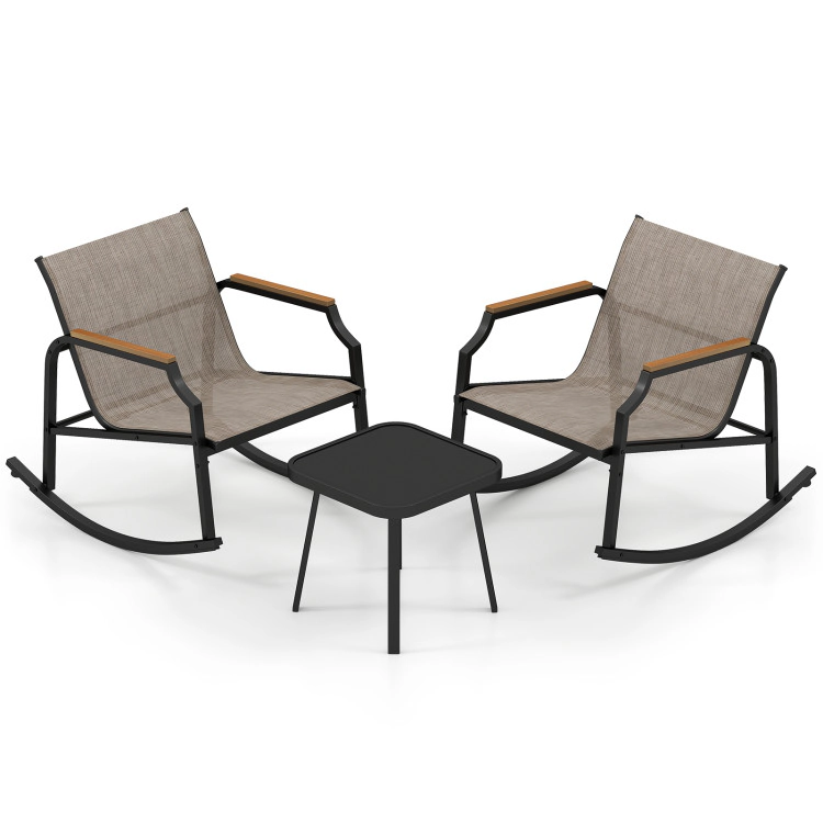 Hivvago 3 Piece Patio Rocking Bistro Set with Tempered Glass Coffee Table and Armrests for Porch