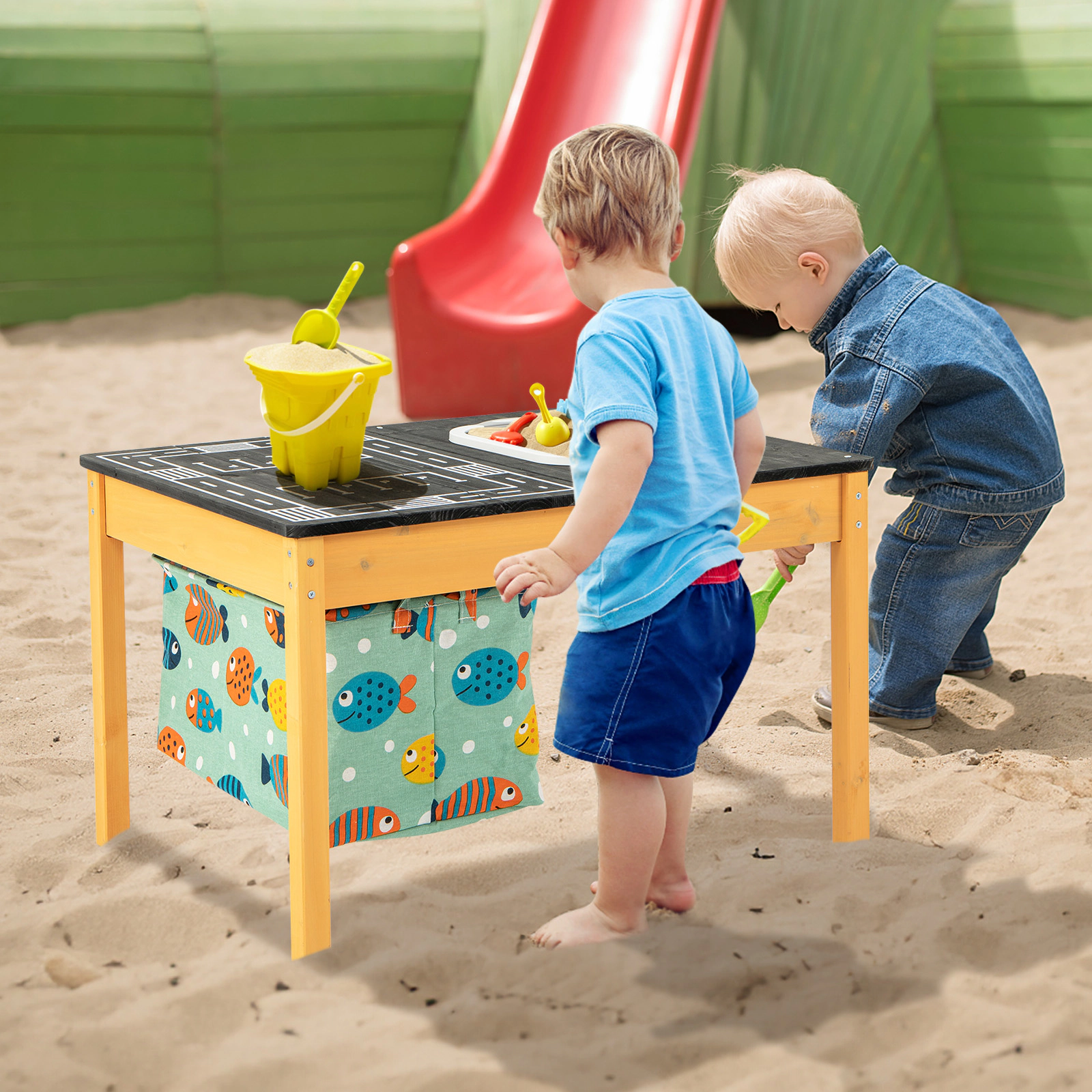 SUGIFT 3-in-1 Kids Sand and Water Table with Removable Racing Top, Drain Basin, Storage Bin, Natural and Black